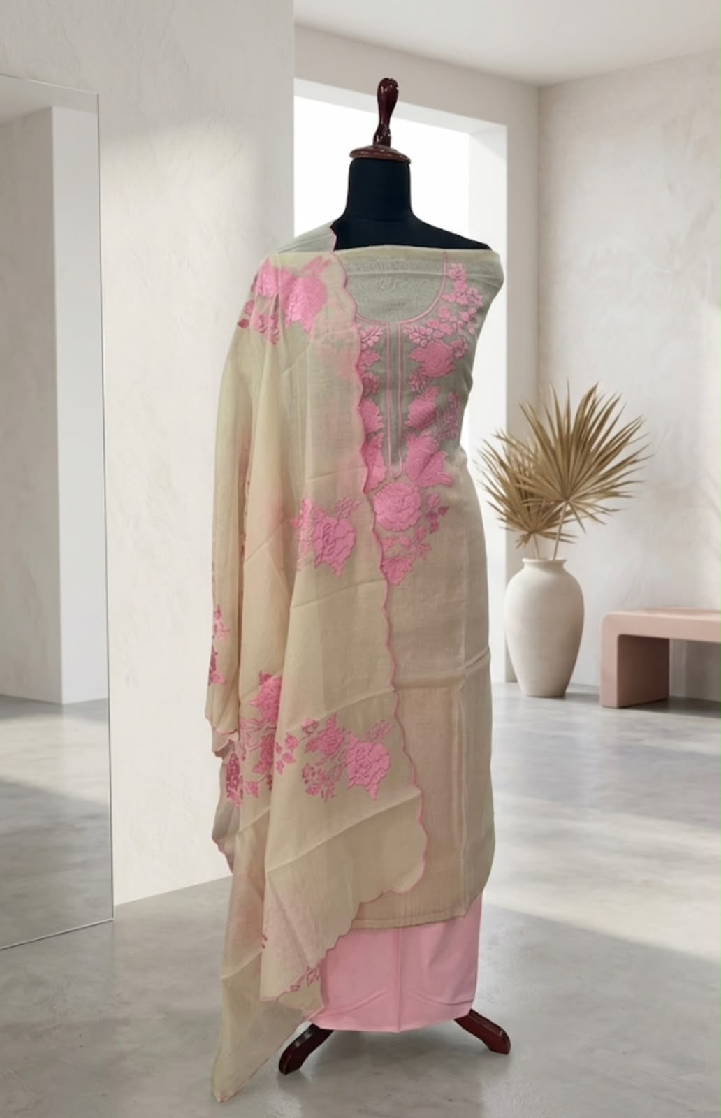 Beige & Pink Floral Embroidered Suit with Scalloped Organza Dupatta