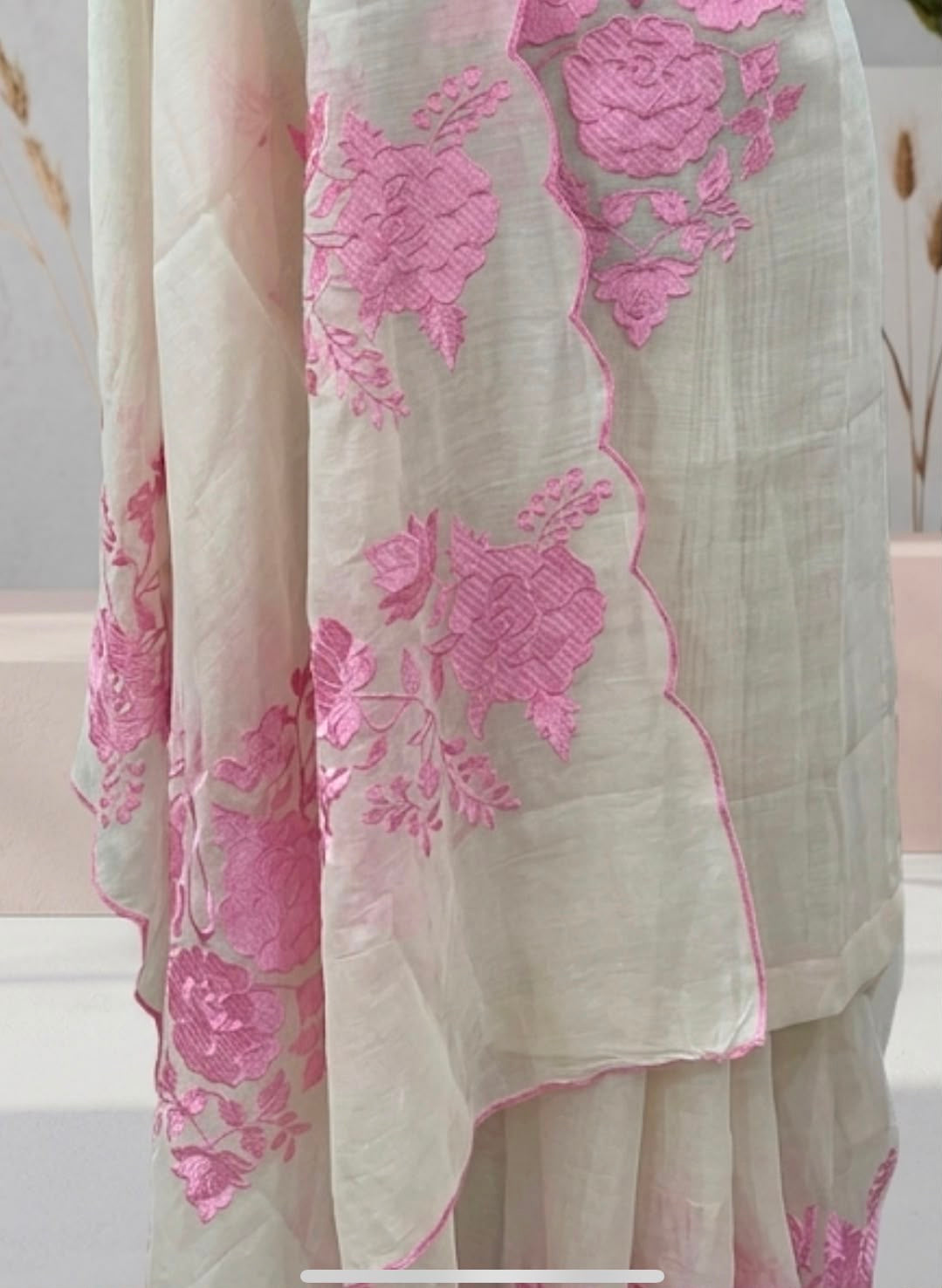 Beige & Pink Floral Embroidered Suit with Scalloped Organza Dupatta