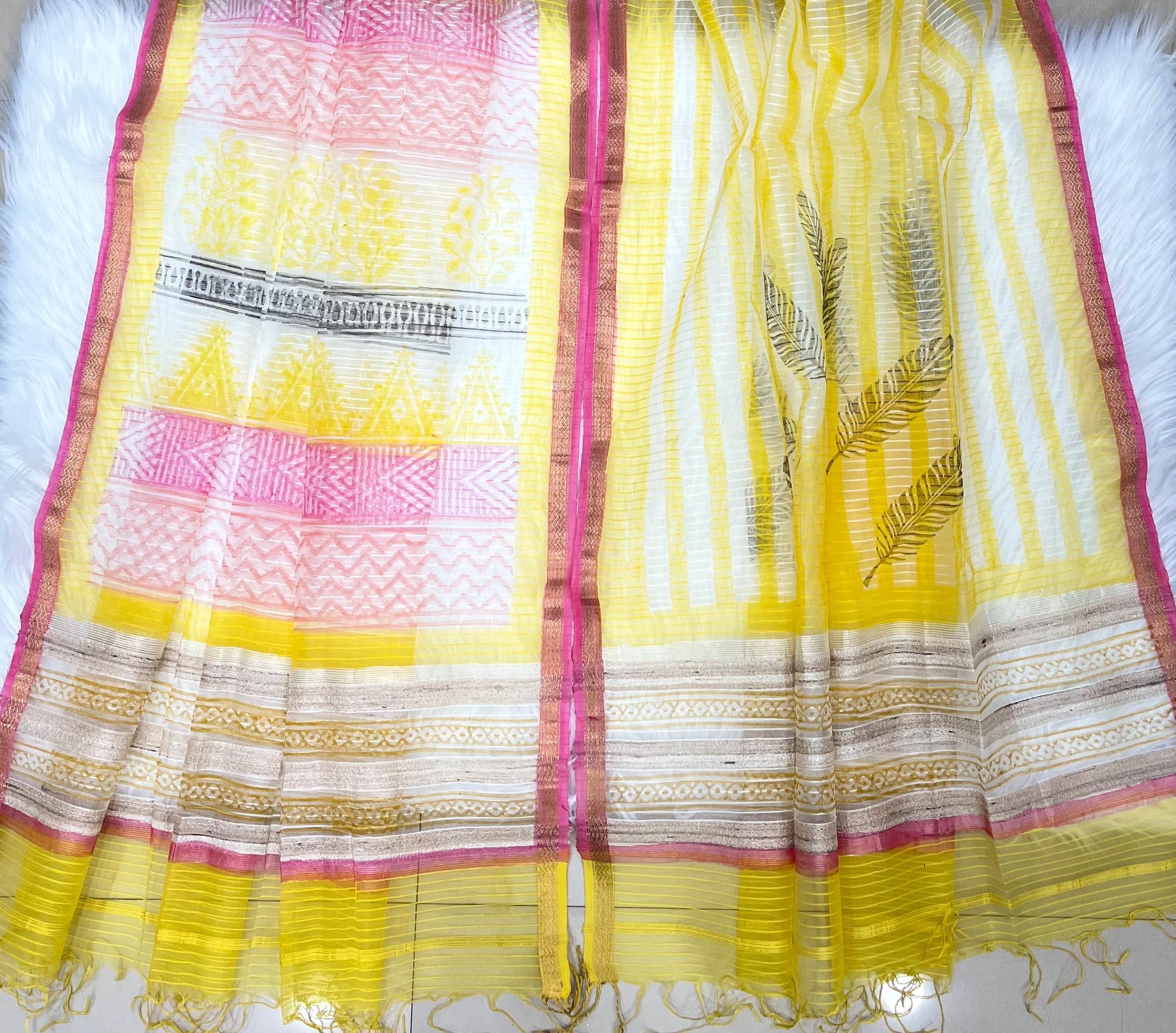 Yellow & Pink Printed Cotton Dress Material with Striped Dupatta