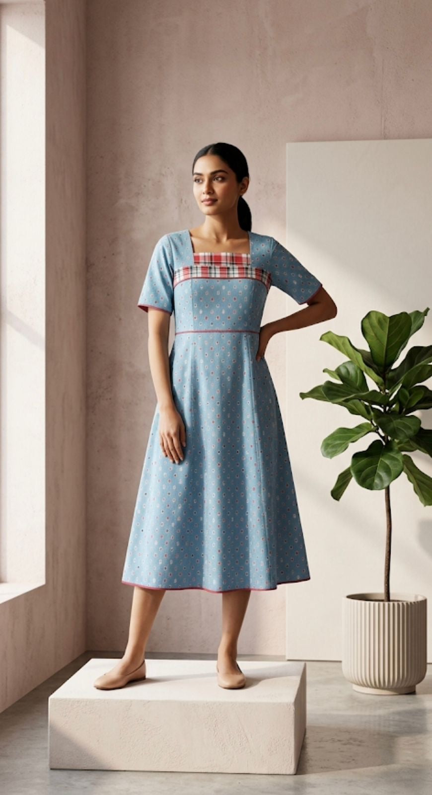 Denim cutwork A-line midi Dress – labelbynatheera