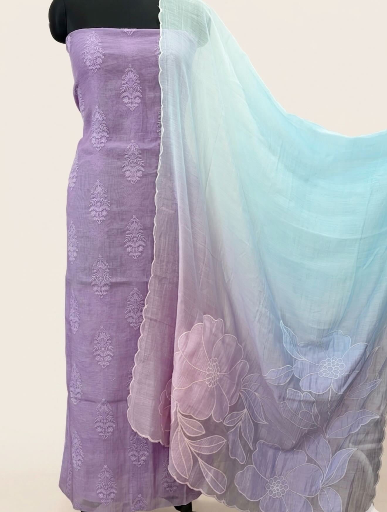 Lavender & Aqua Cotton Suit with Ombre Floral Embroidered Dupatta