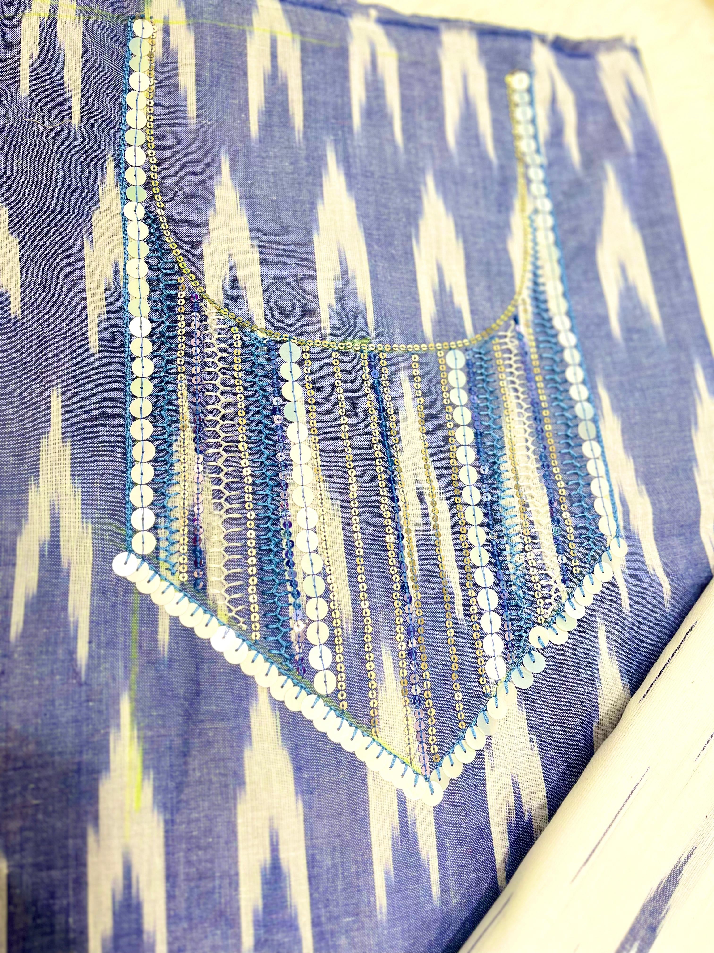 Indigo Blue & White Ikat Printed Dress Material with Sequin Embroidered Neckline