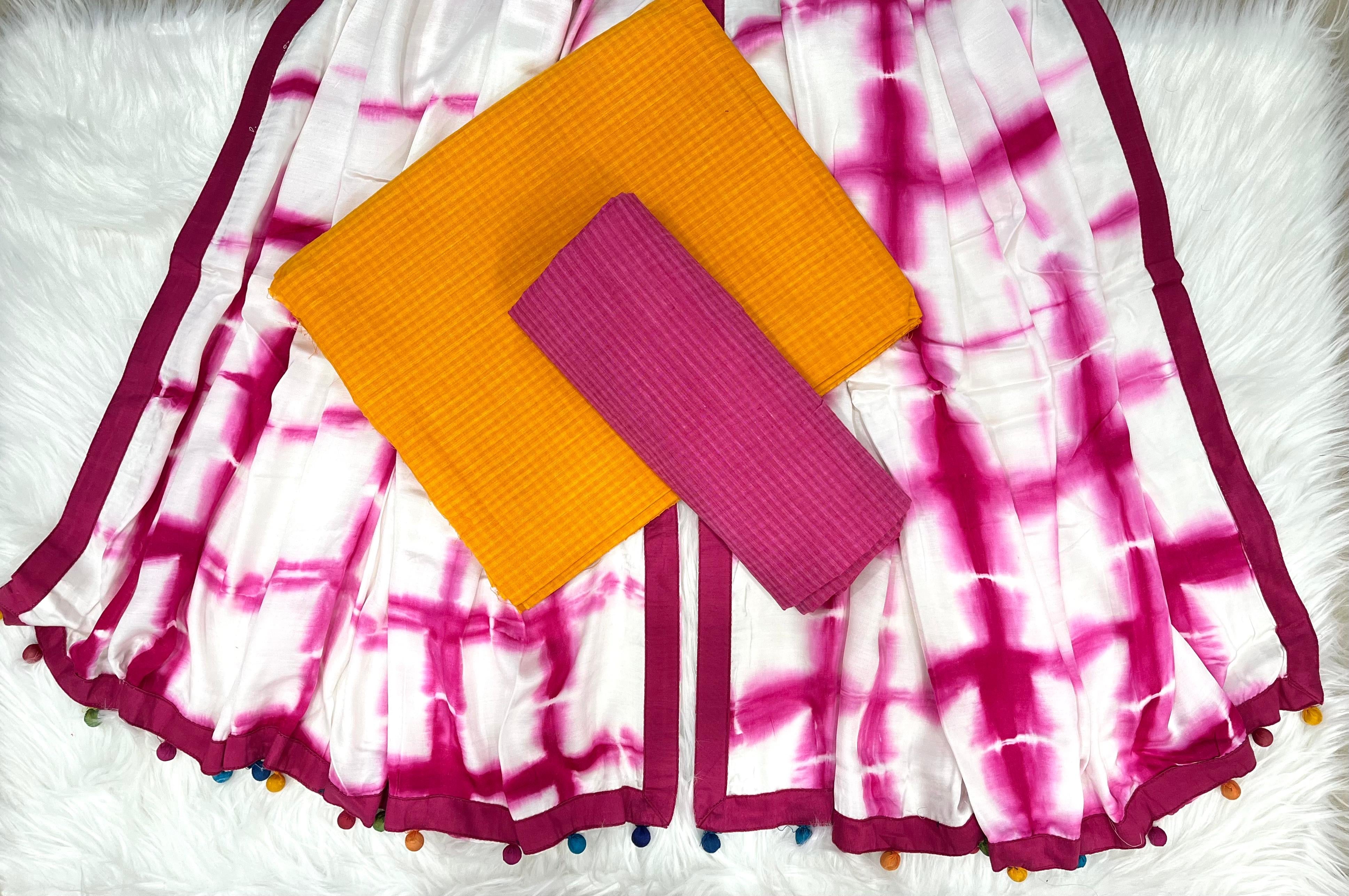 White & Magenta Tie-Dye Dress Material with Mustard & Pink Bottoms