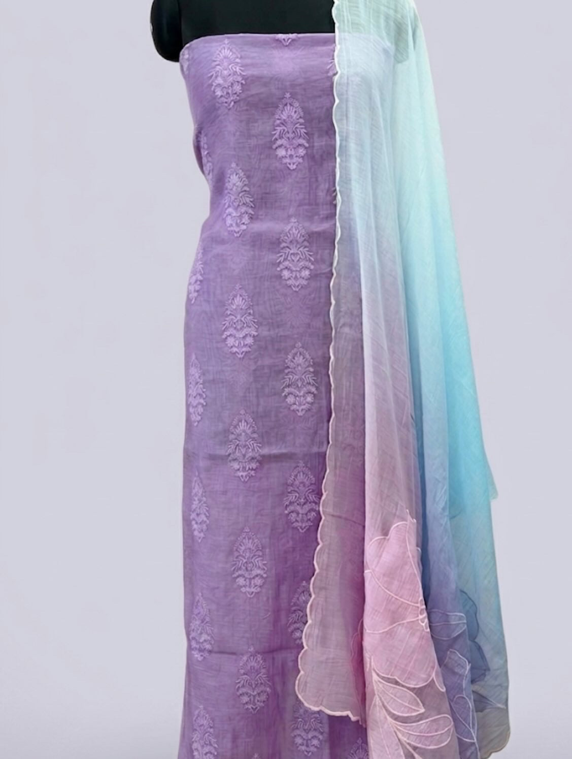 Lavender & Aqua Cotton Suit with Ombre Floral Embroidered Dupatta