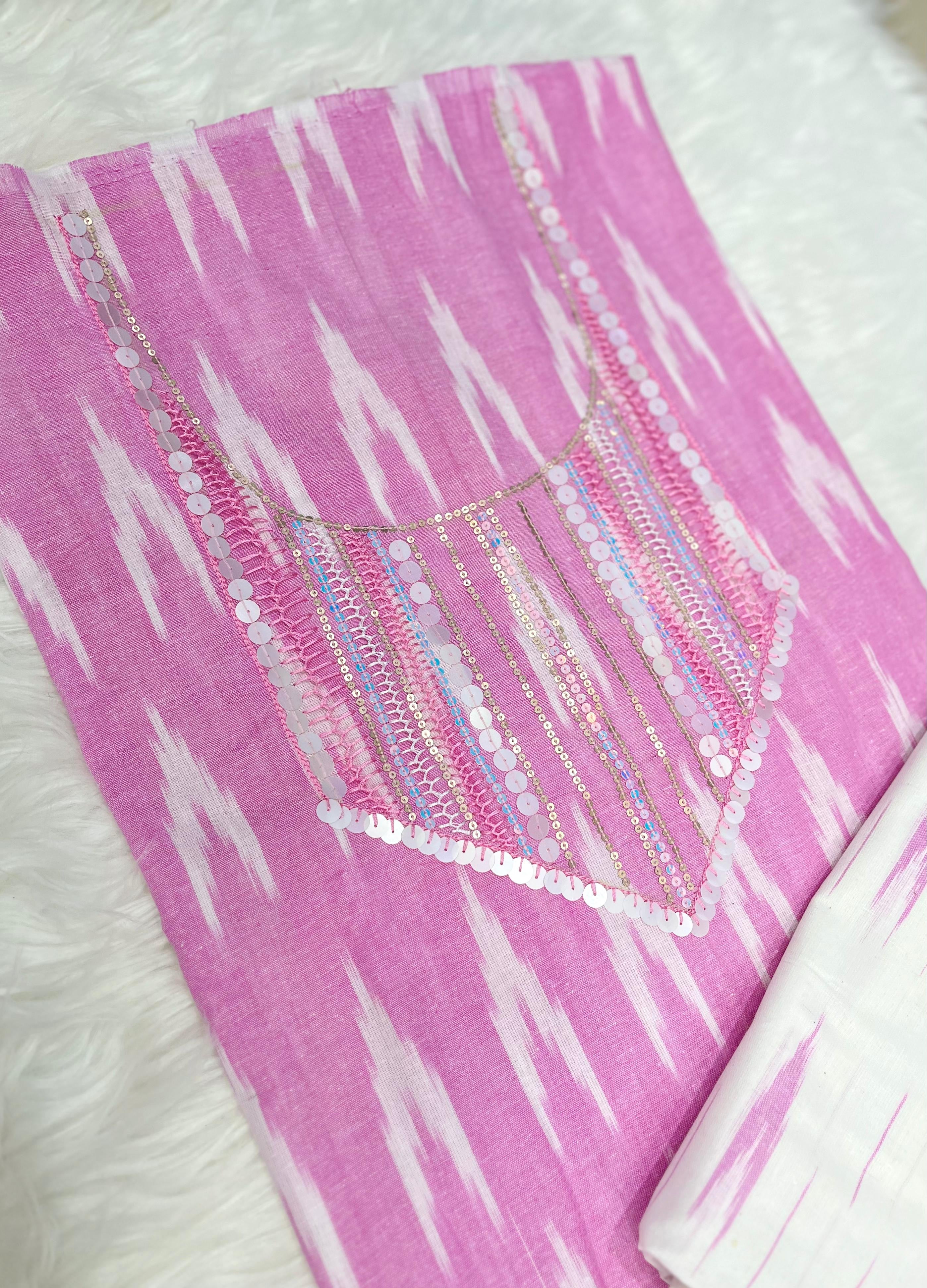 Pink & White Ikat Printed Dress Material with Sequin Embroidered Yoke