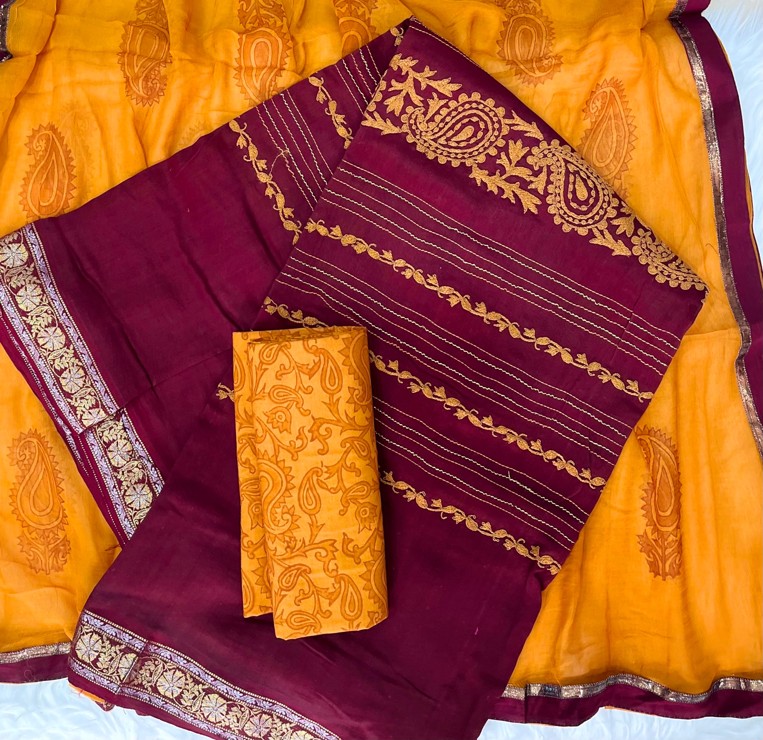Mustard Yellow & Wine Embroidered Suit with Paisley Dupatta