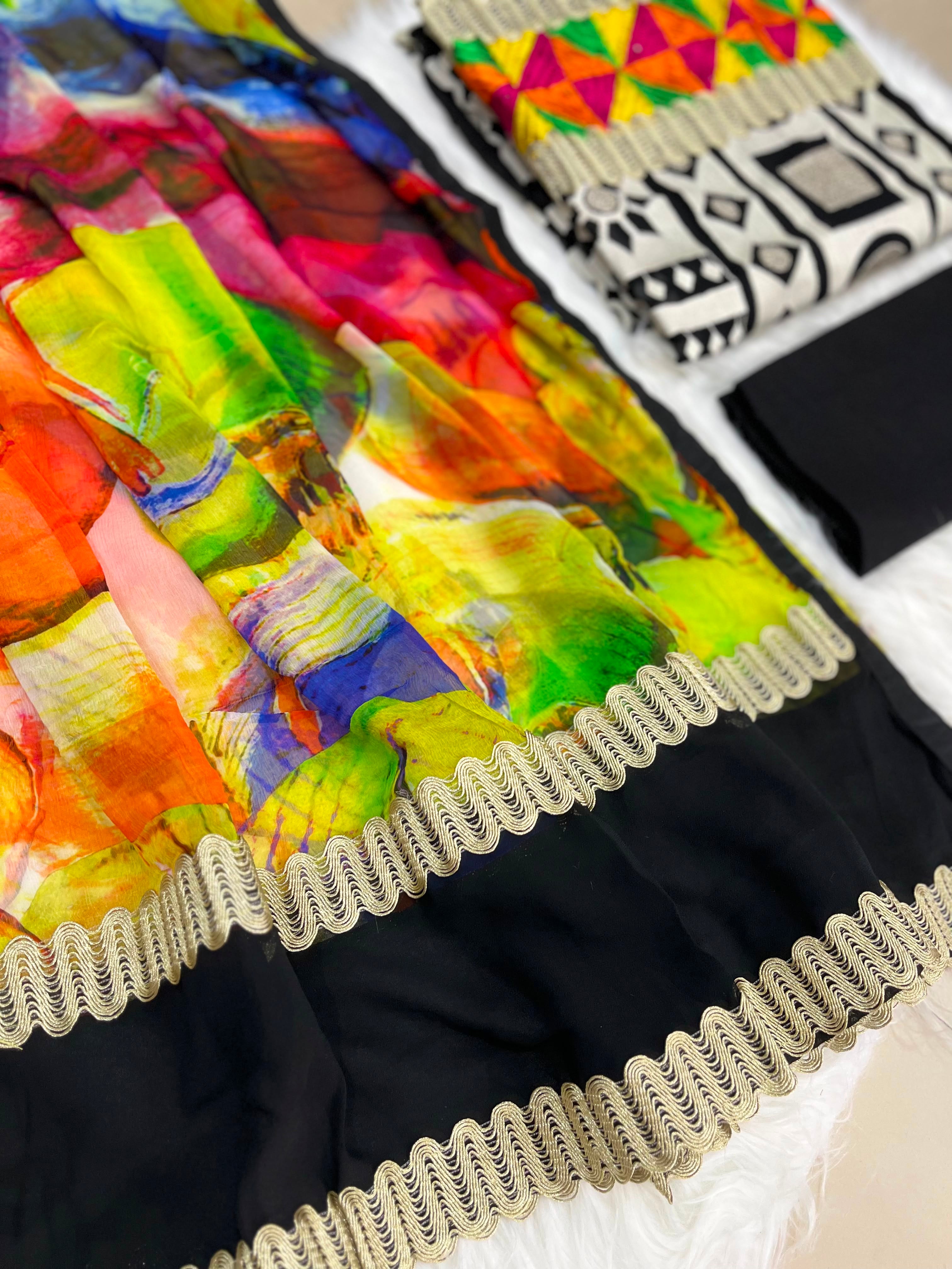 Multicolour Patchwork & Black Printed Suit with Geometric Embroidered Dupatta
