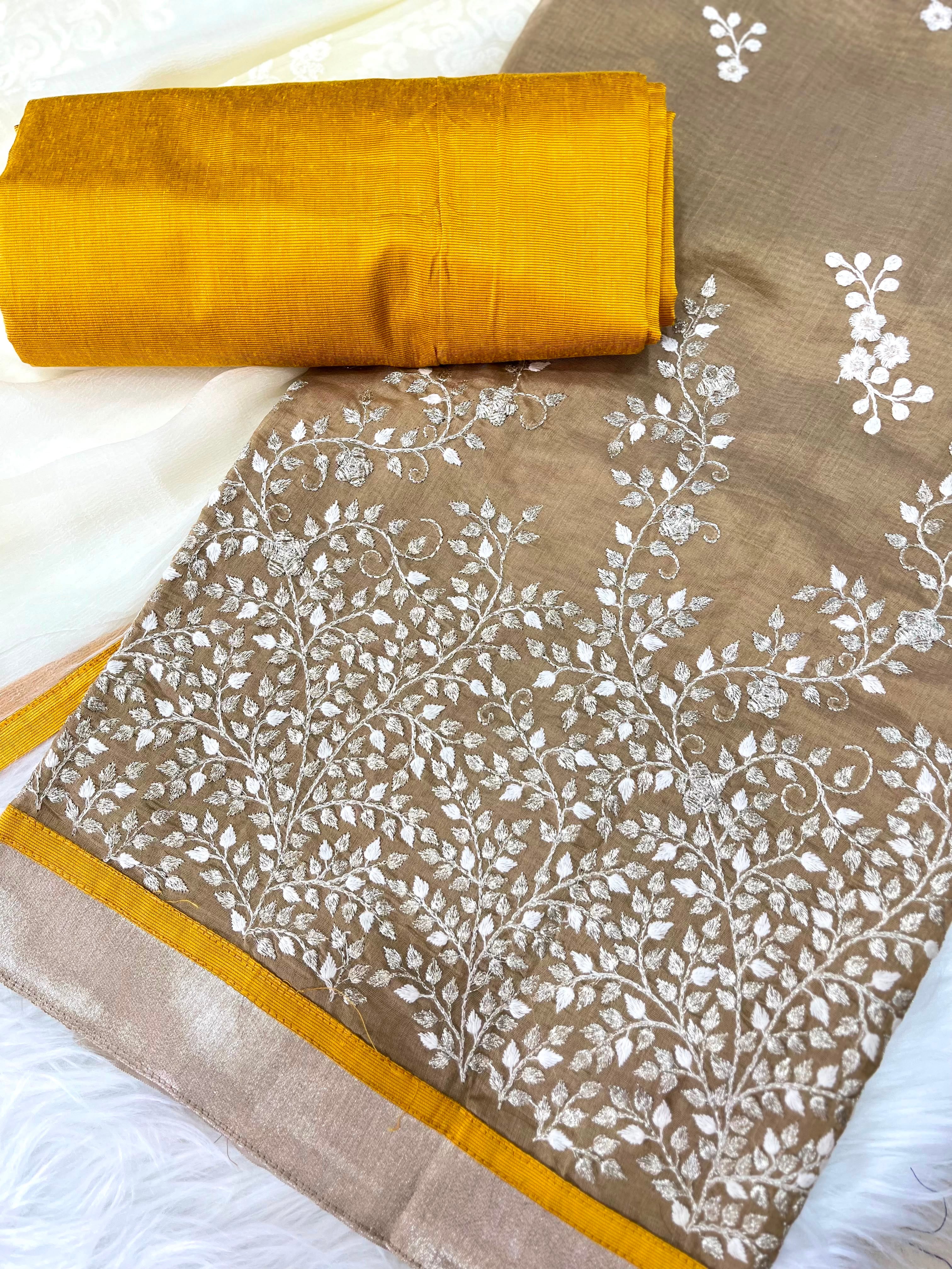 Ivory & Mustard Embroidered Suit with Silver Floral Work