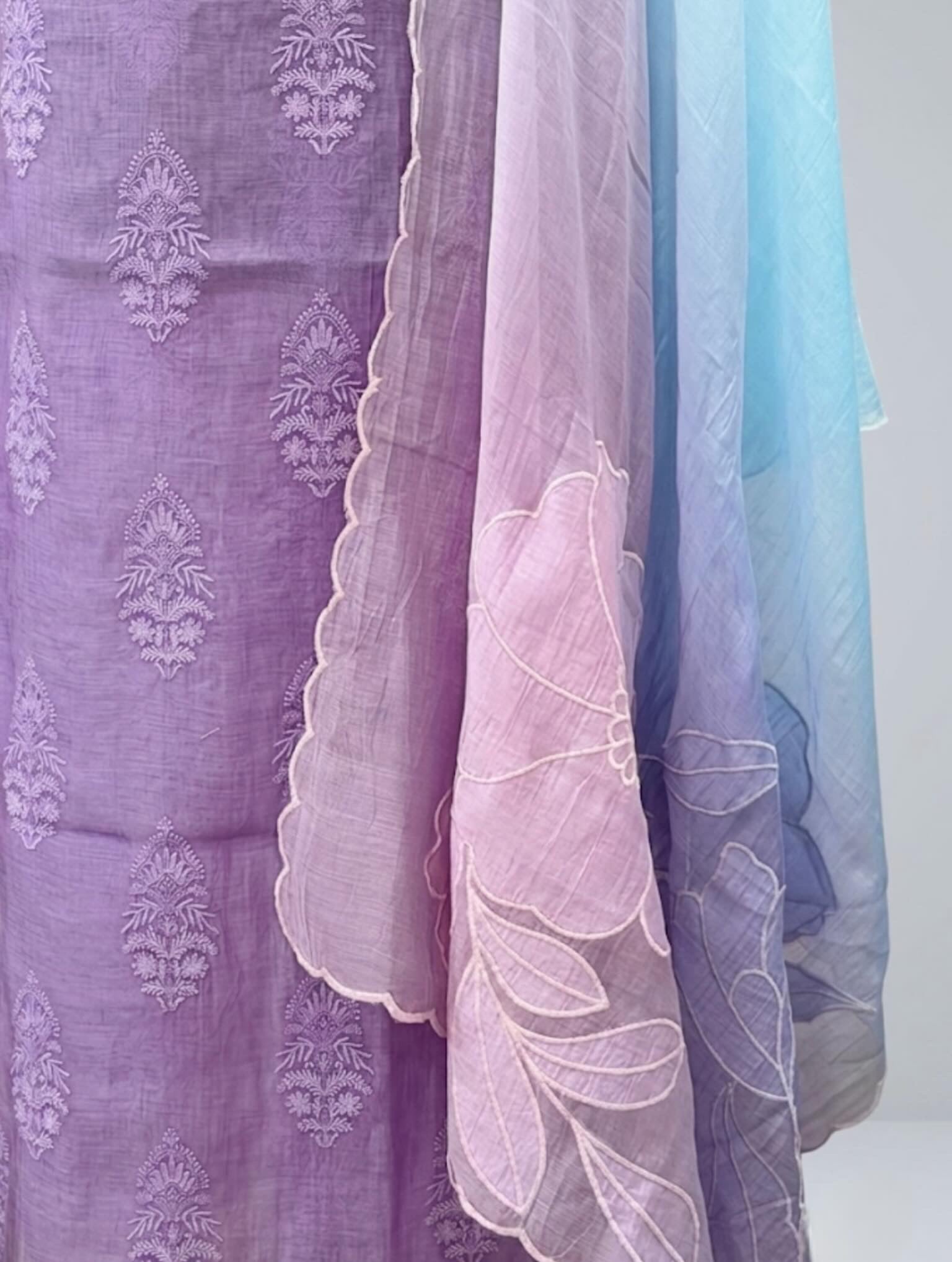 Lavender & Aqua Cotton Suit with Ombre Floral Embroidered Dupatta
