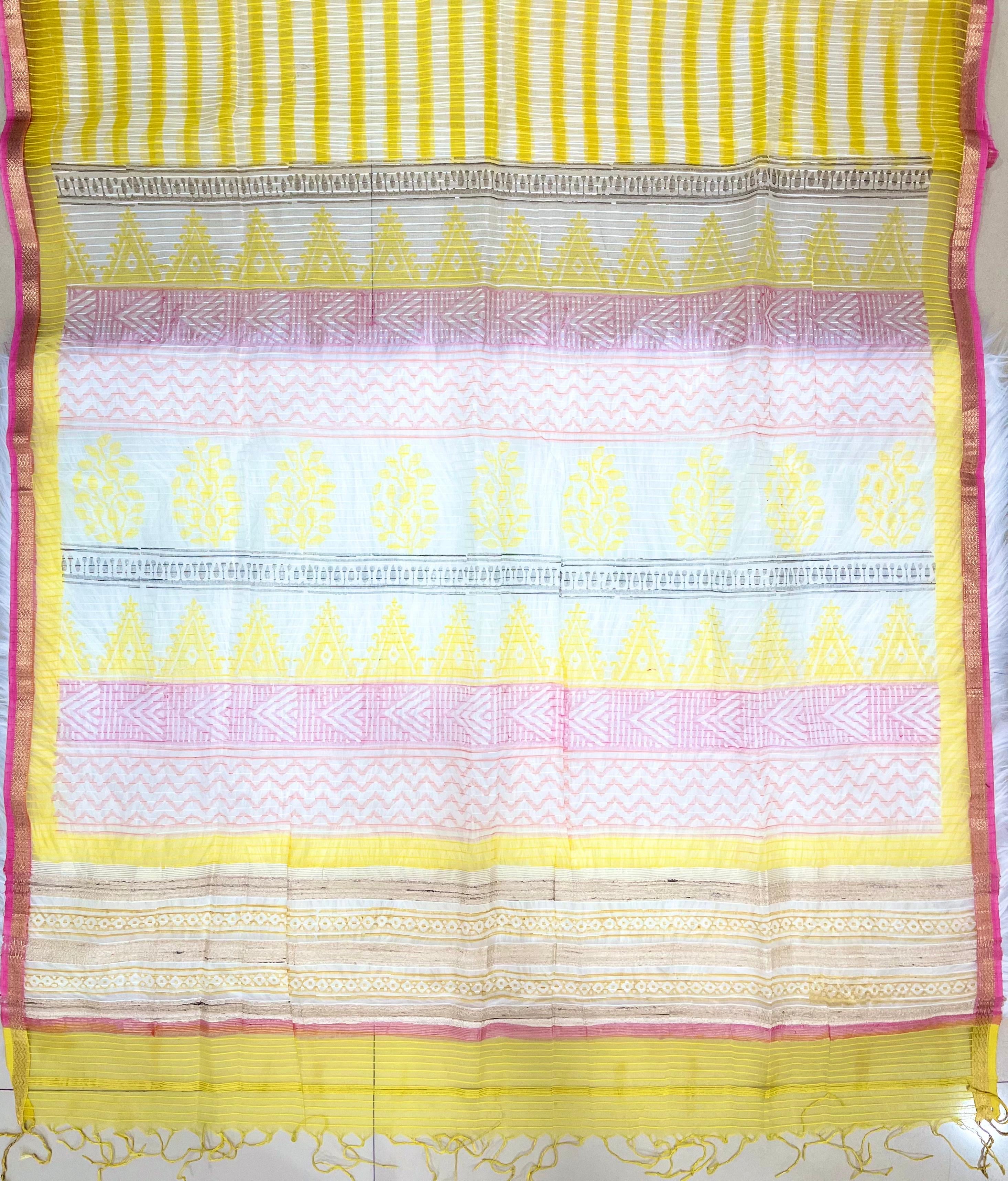 Yellow & Pink Printed Cotton Dress Material with Striped Dupatta