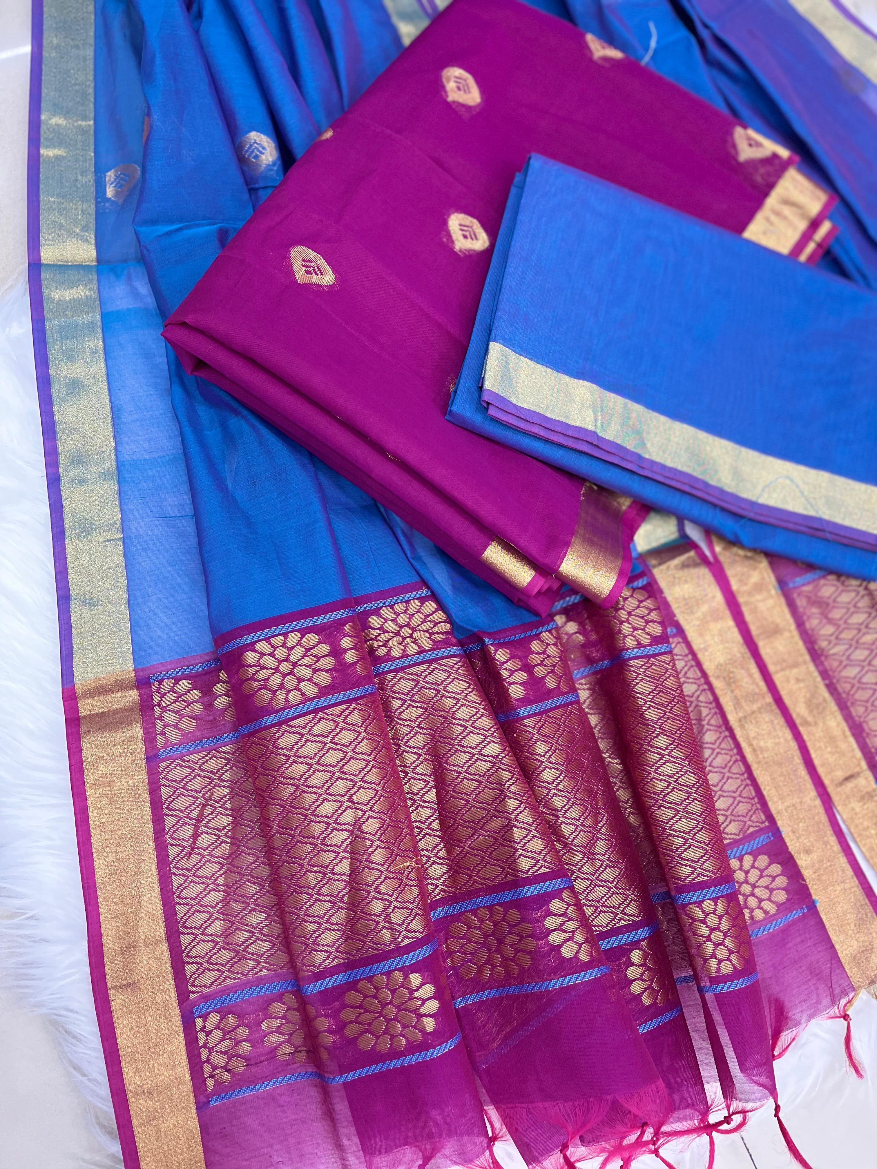 Royal Blue & Magenta Silk Cotton Dress Material with Zari Woven Border