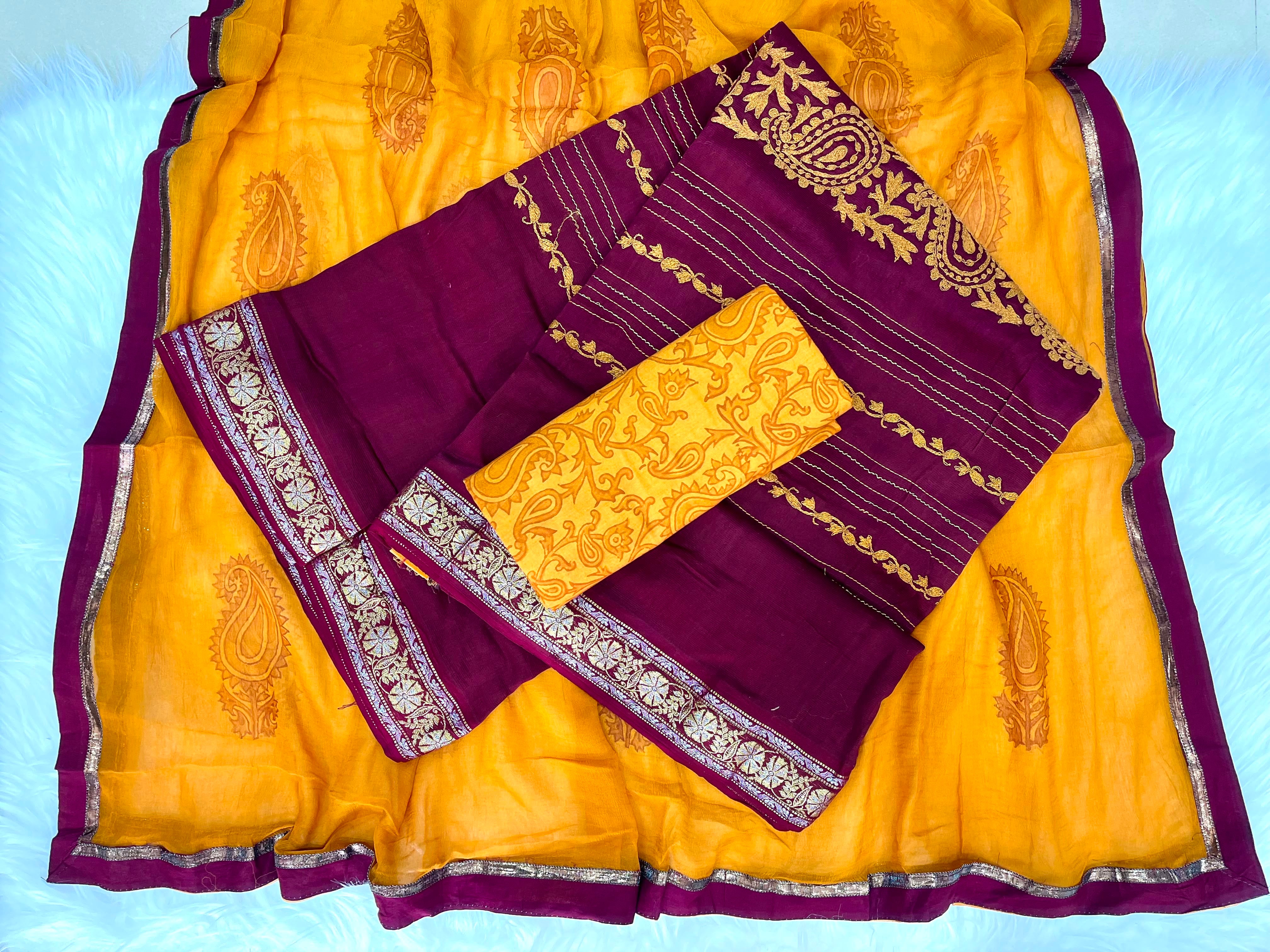 Mustard Yellow & Wine Embroidered Suit with Paisley Dupatta