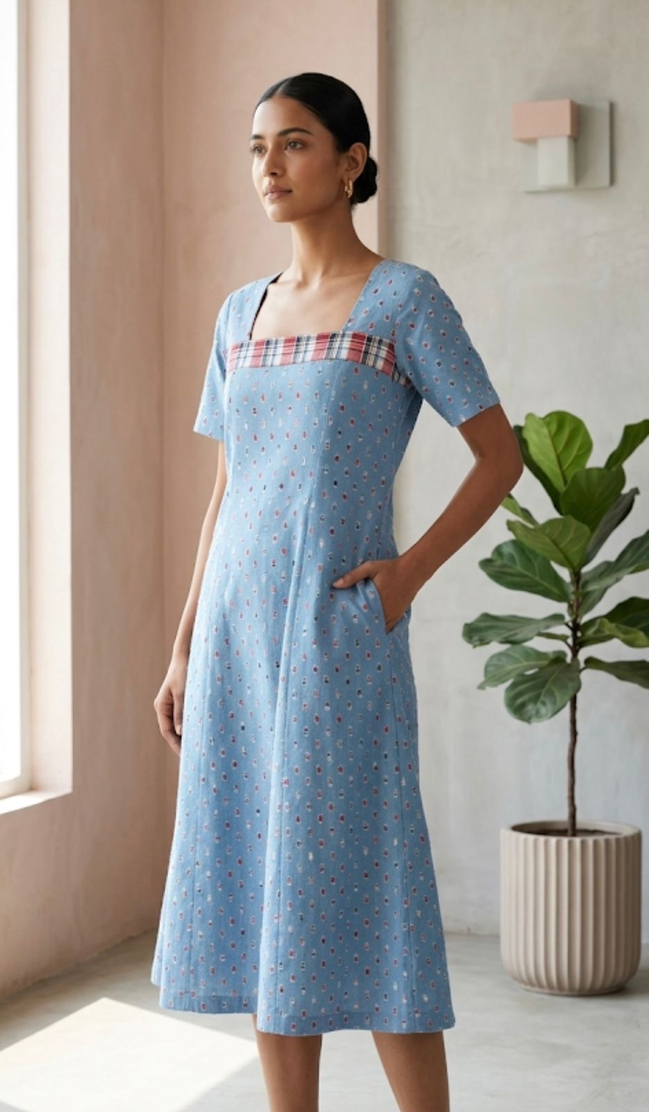 Sky Blue Printed A-Line Midi Dress