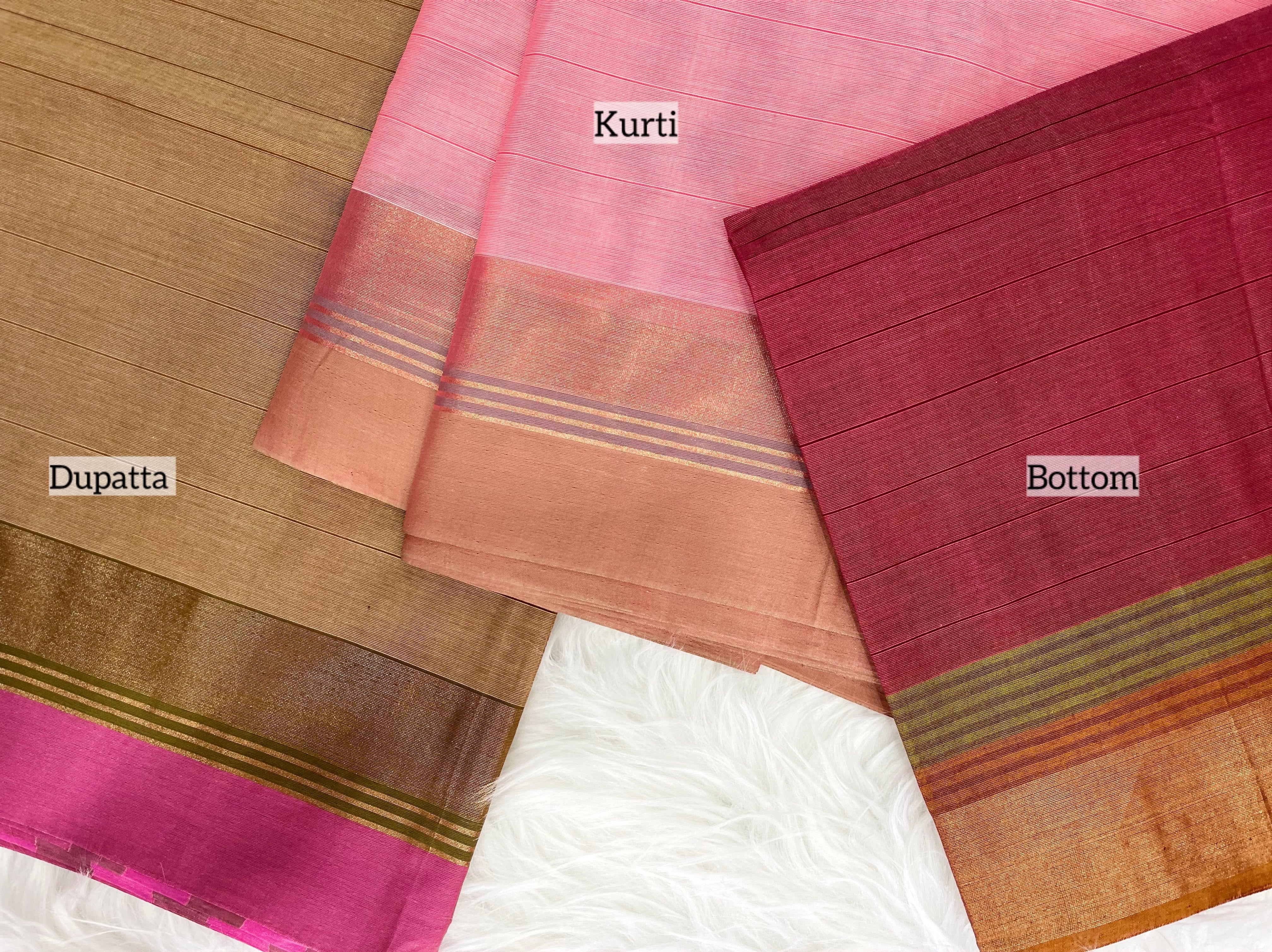 Pink & Wine Silk Cotton Dress Material with Golden Zari Border