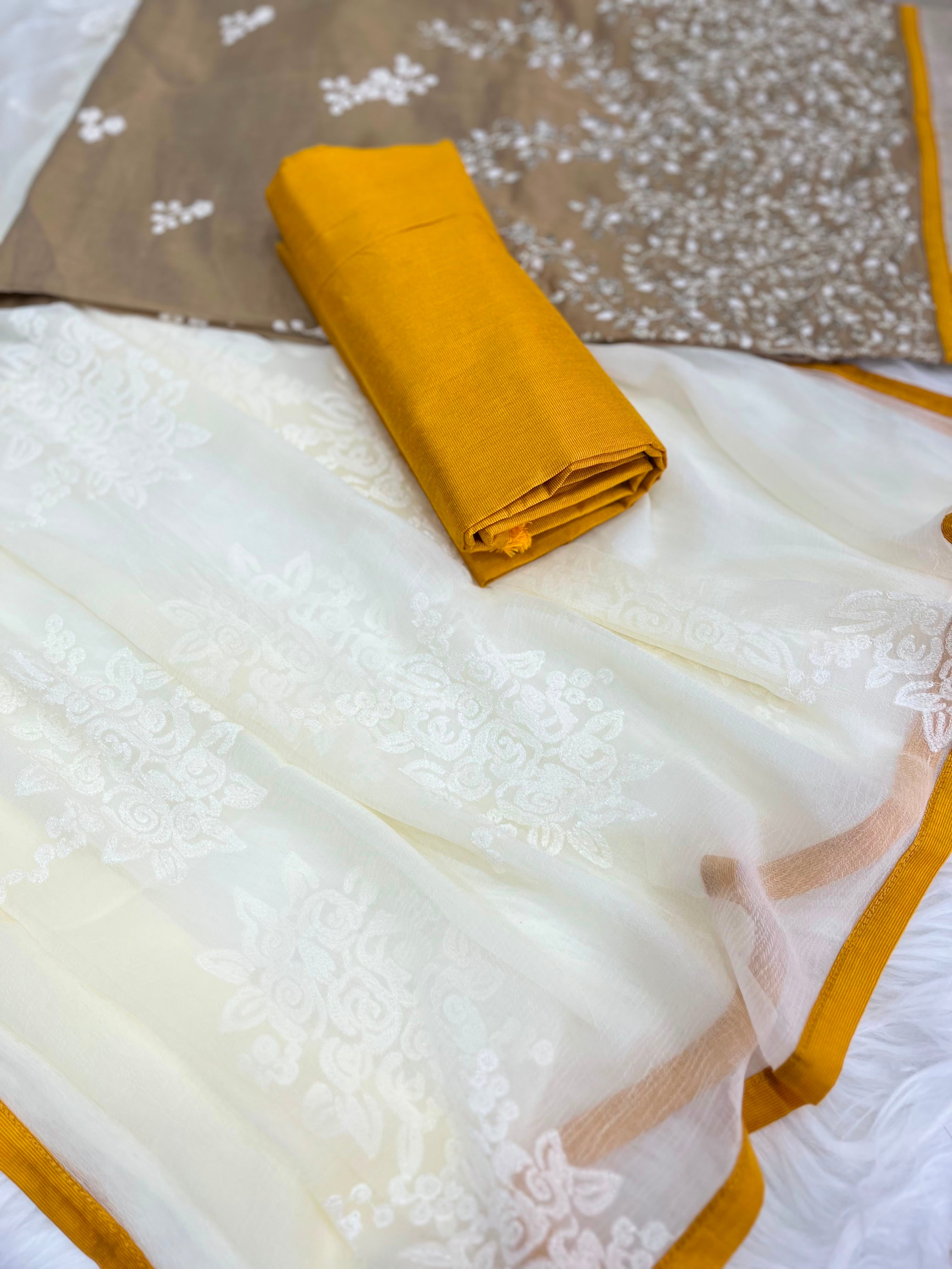 Ivory & Mustard Embroidered Suit with Silver Floral Work