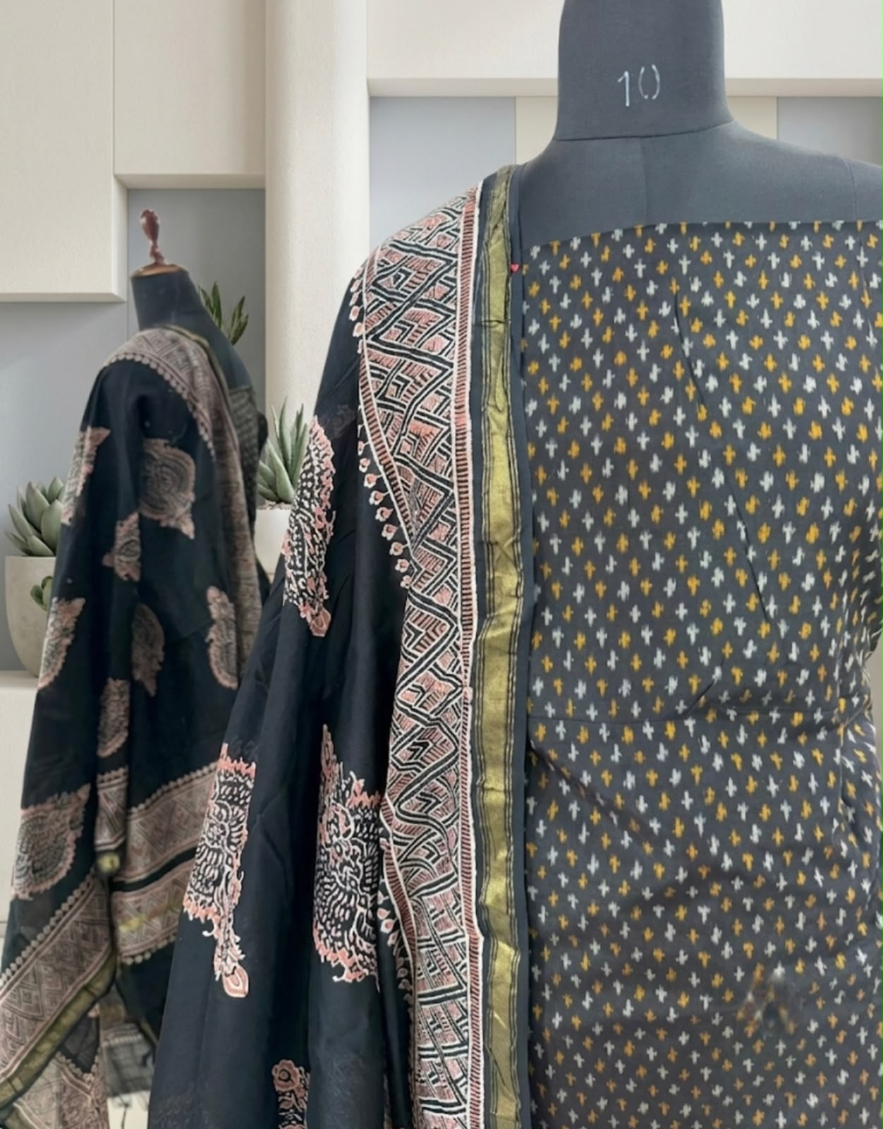 Black & Olive Printed Cotton Suit with Traditional Patterned Dupatta