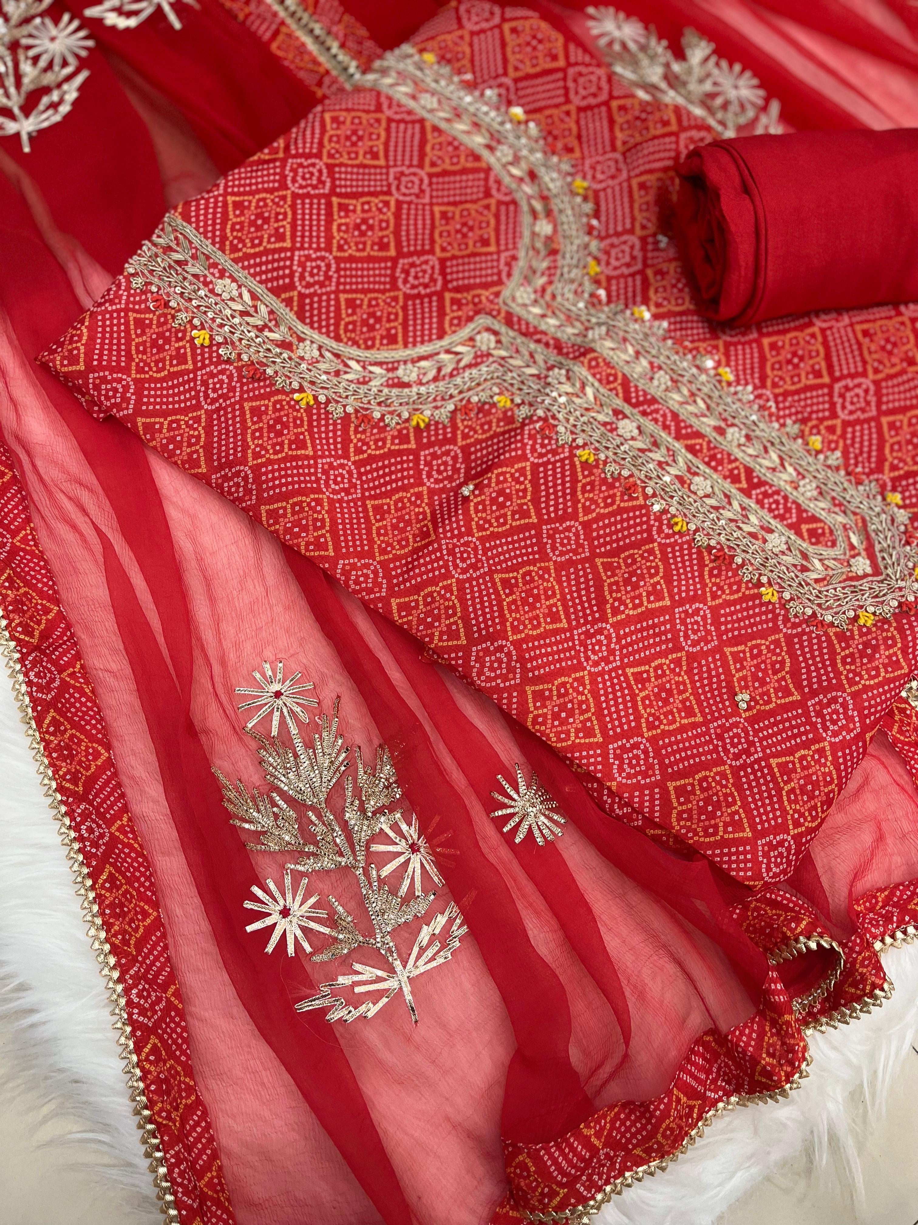 Red Bandhani Printed Suit with Zari Embroidered Organza Dupatta