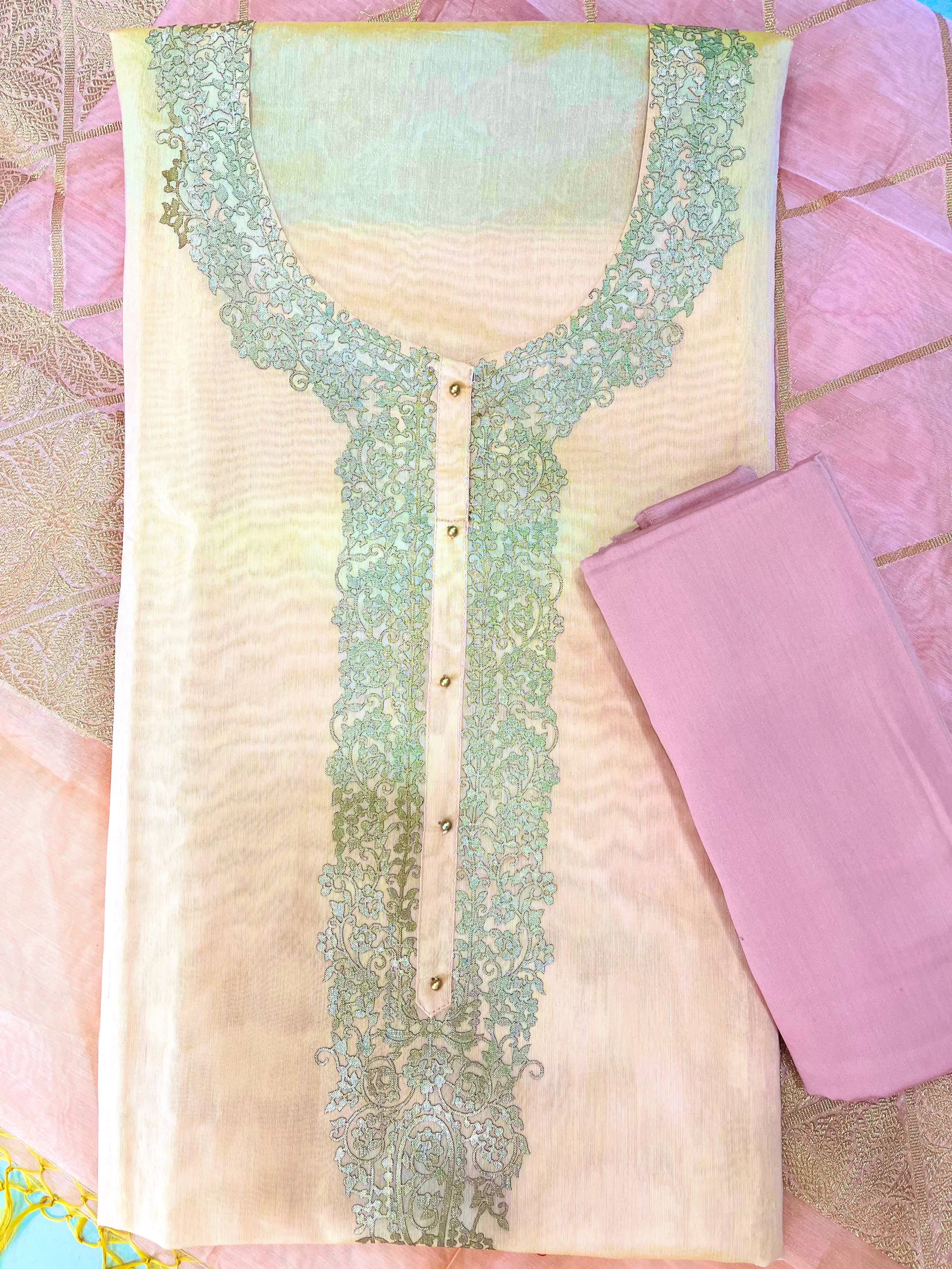 Pastel Pink & Cream Embroidered Suit with Designer Dupatta & Golden Border