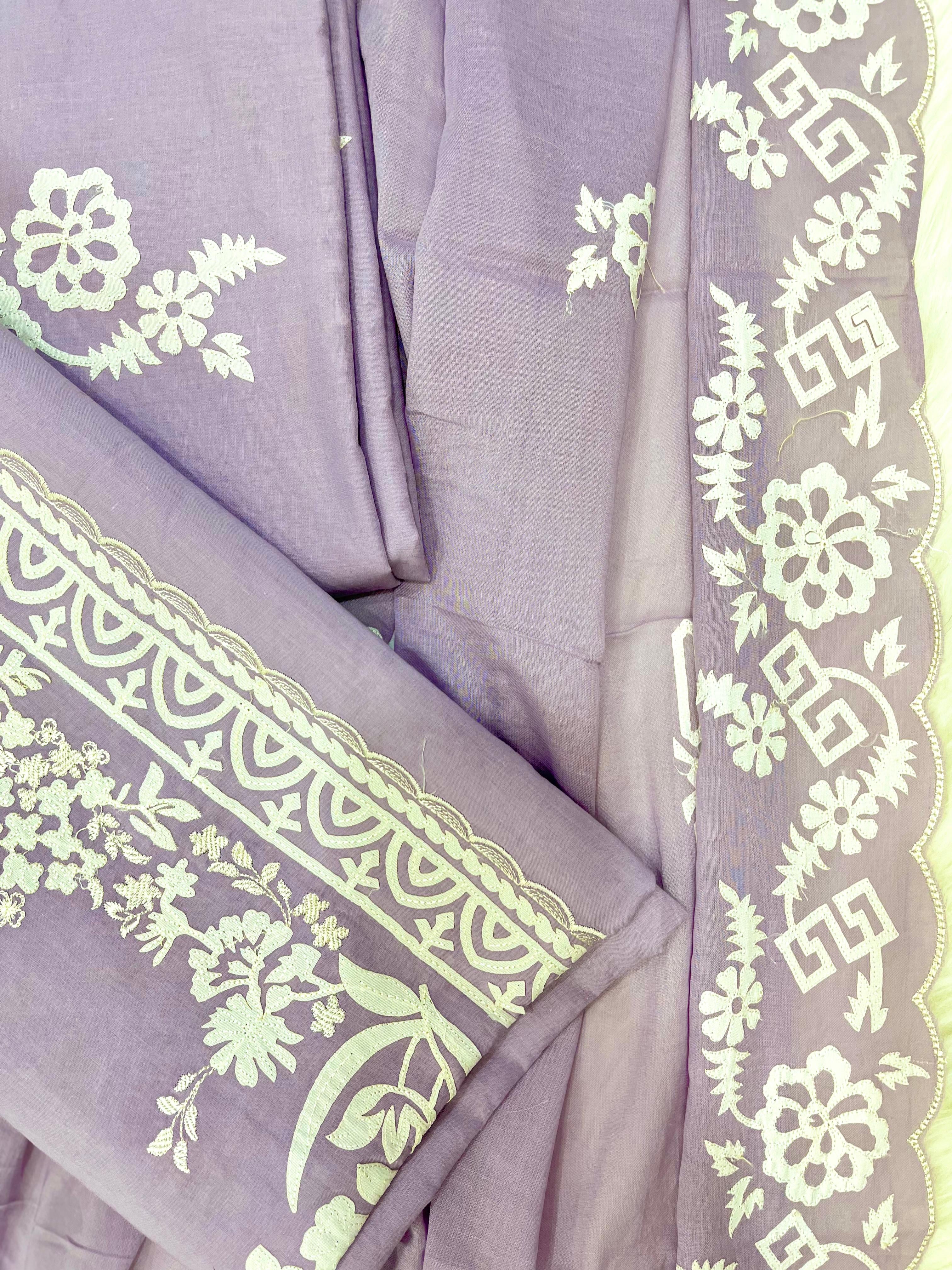 Lavender Cotton Dress Material with White Floral Embroidery & Printed Border