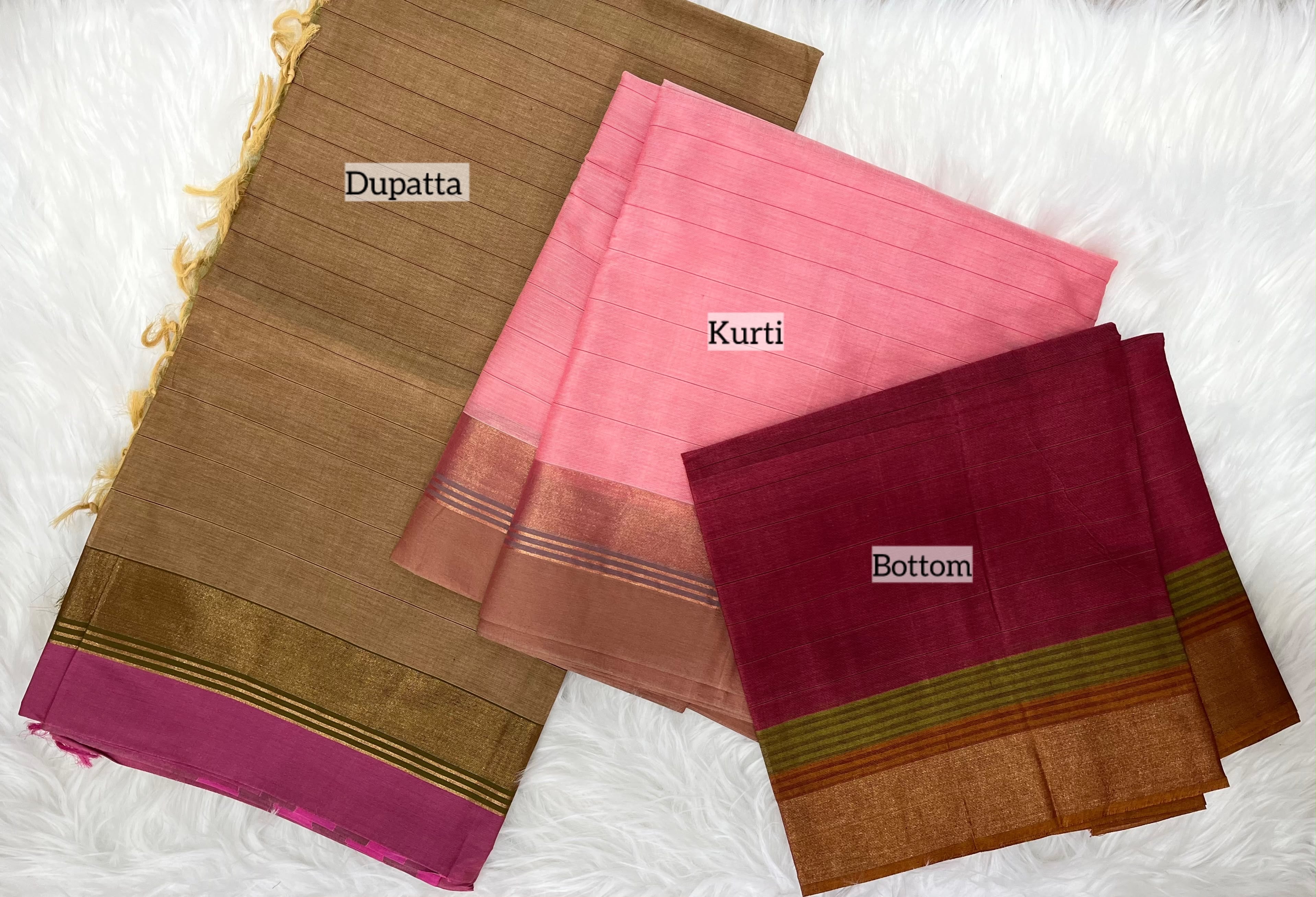 Pink & Wine Silk Cotton Dress Material with Golden Zari Border