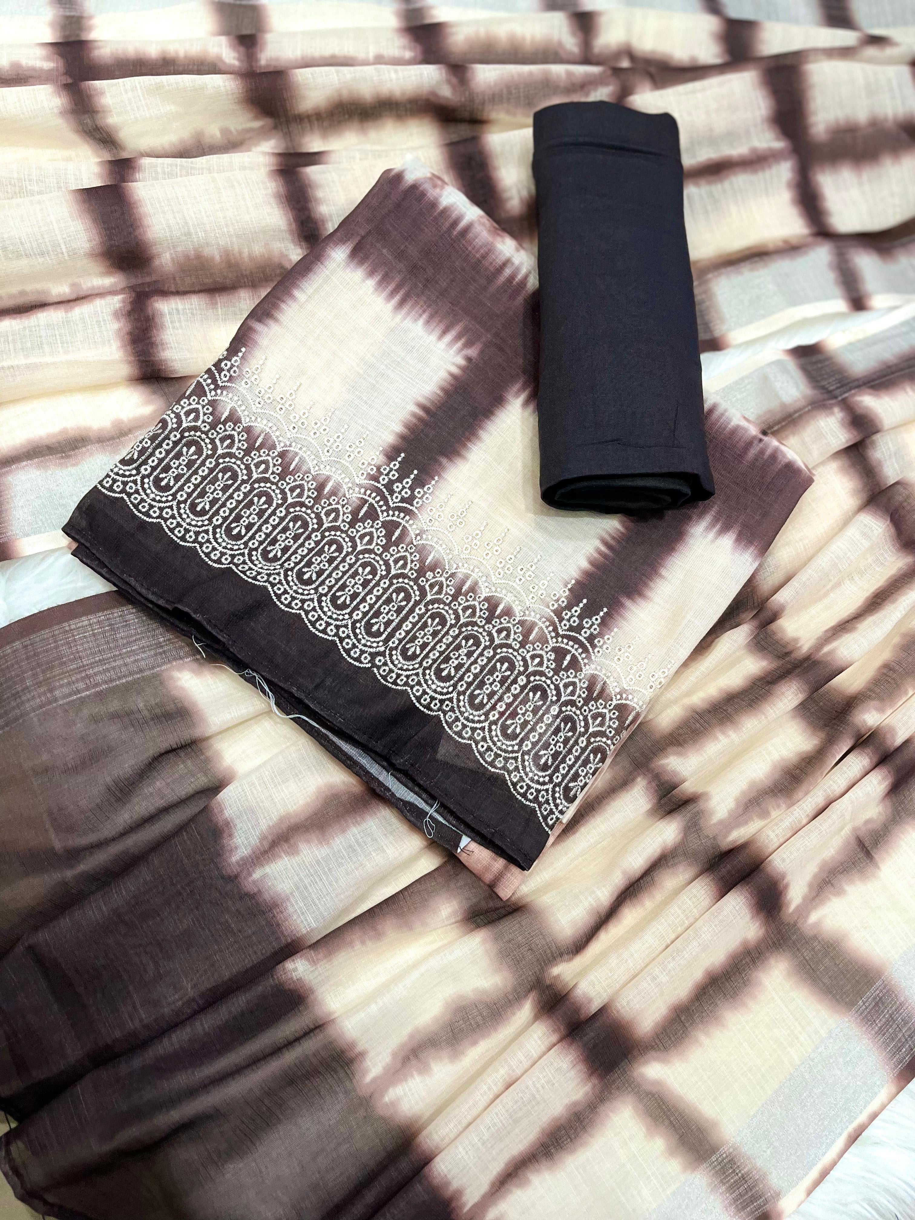 Brown & Beige Tie-Dye Dress Material with Intricate White Printed Border