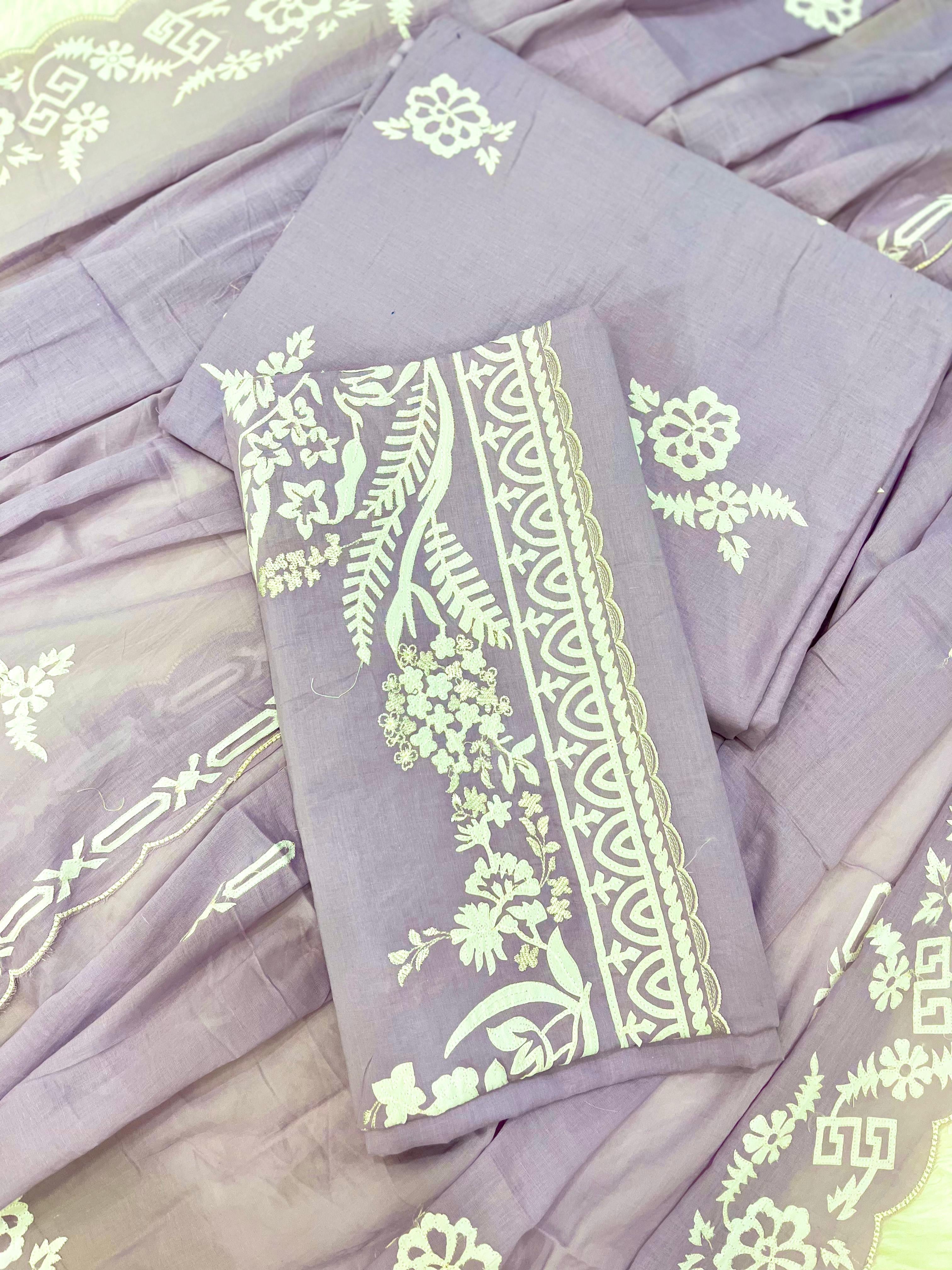 Lavender Cotton Dress Material with White Floral Embroidery & Printed Border