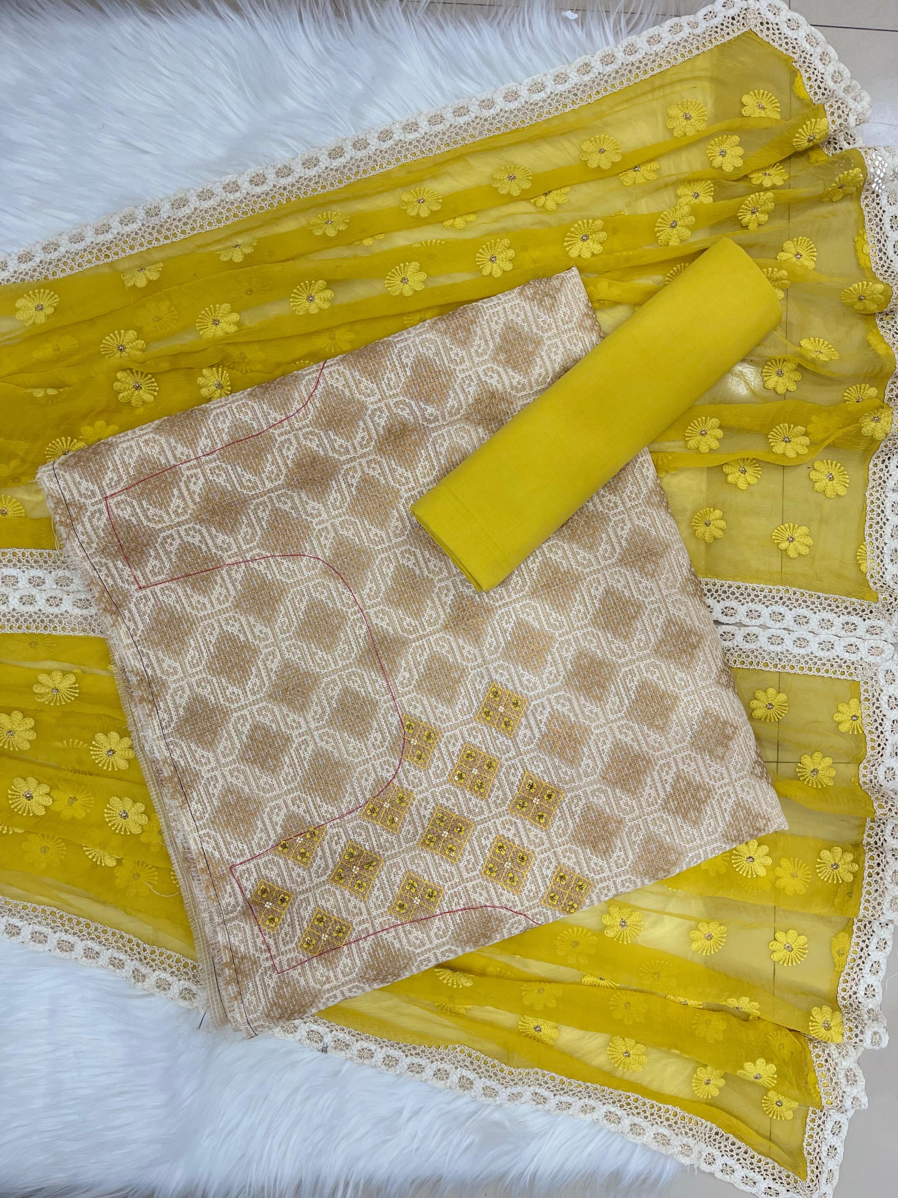 Mustard Yellow & Beige Printed Suit with Floral Embroidered Dupatta