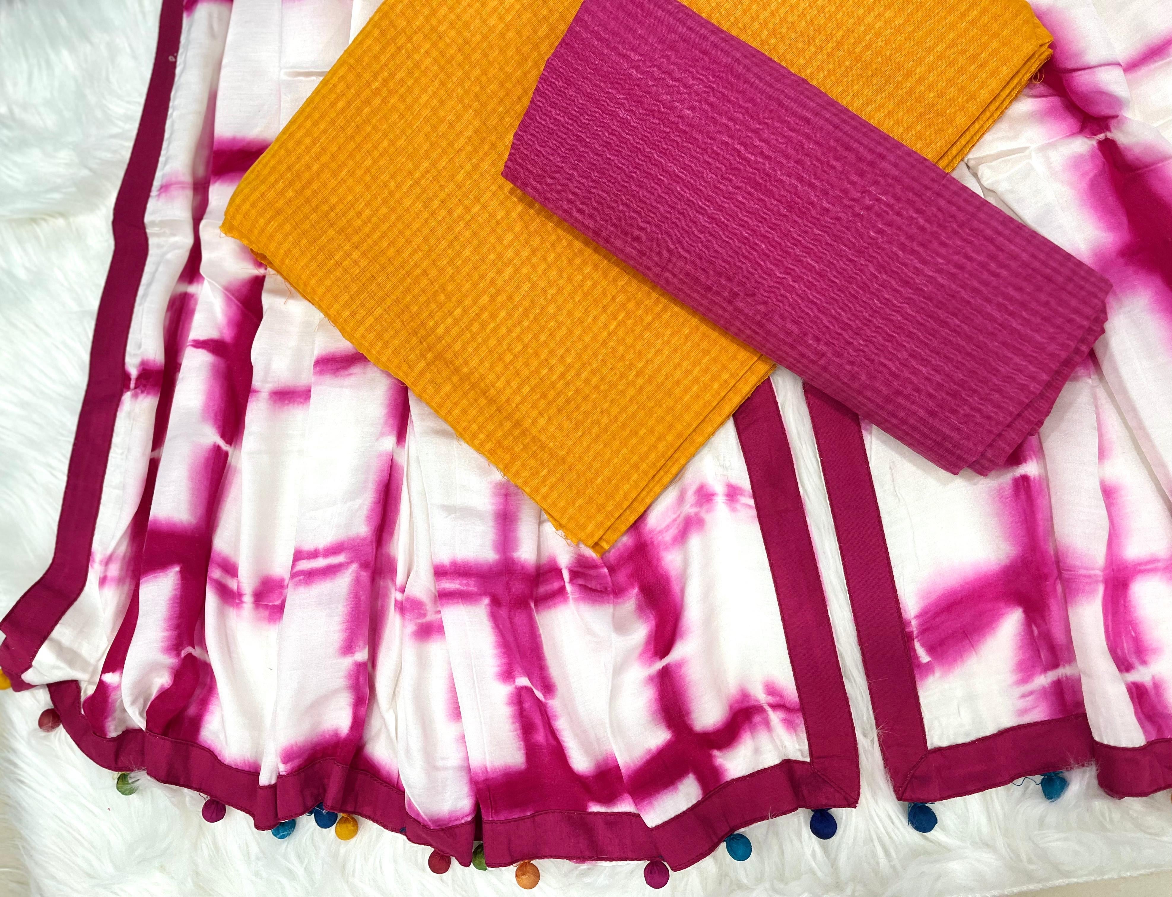 White & Magenta Tie-Dye Dress Material with Mustard & Pink Bottoms