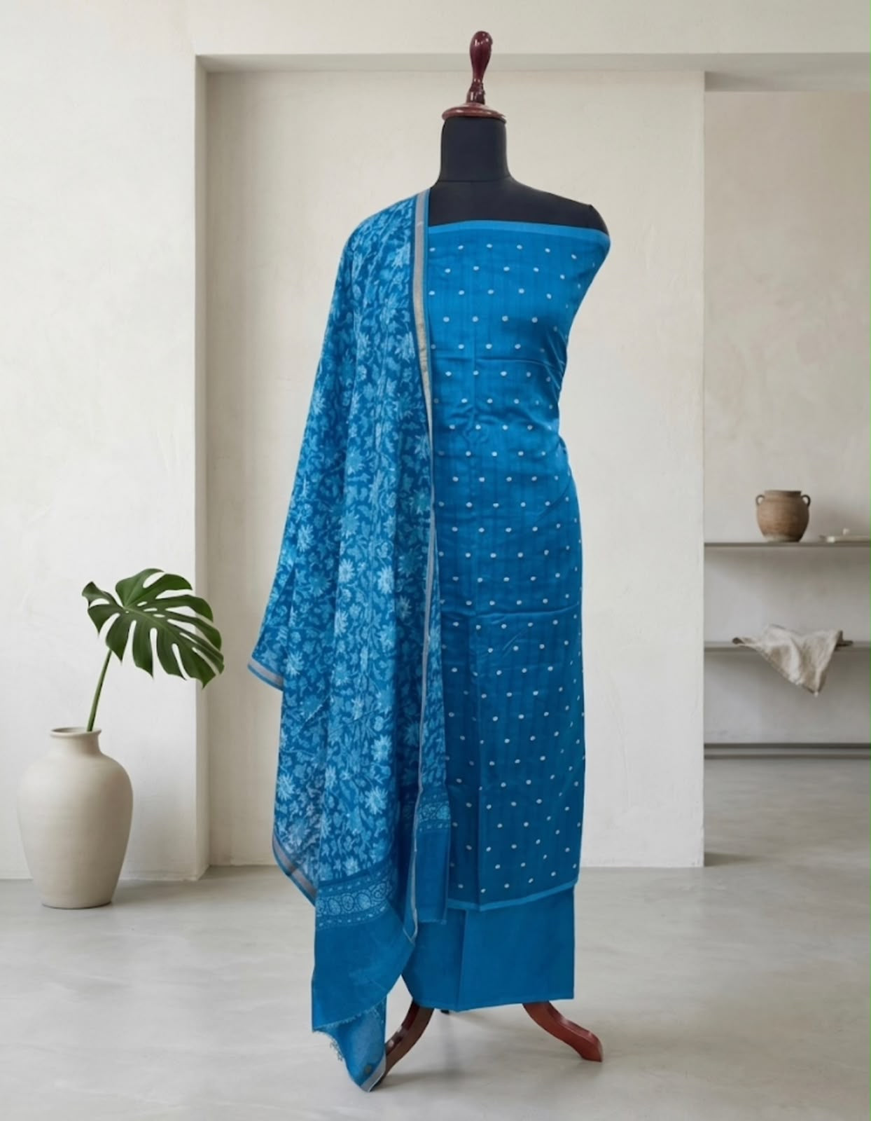 Peacock blue sliver dot Chanderi silk unstitched material