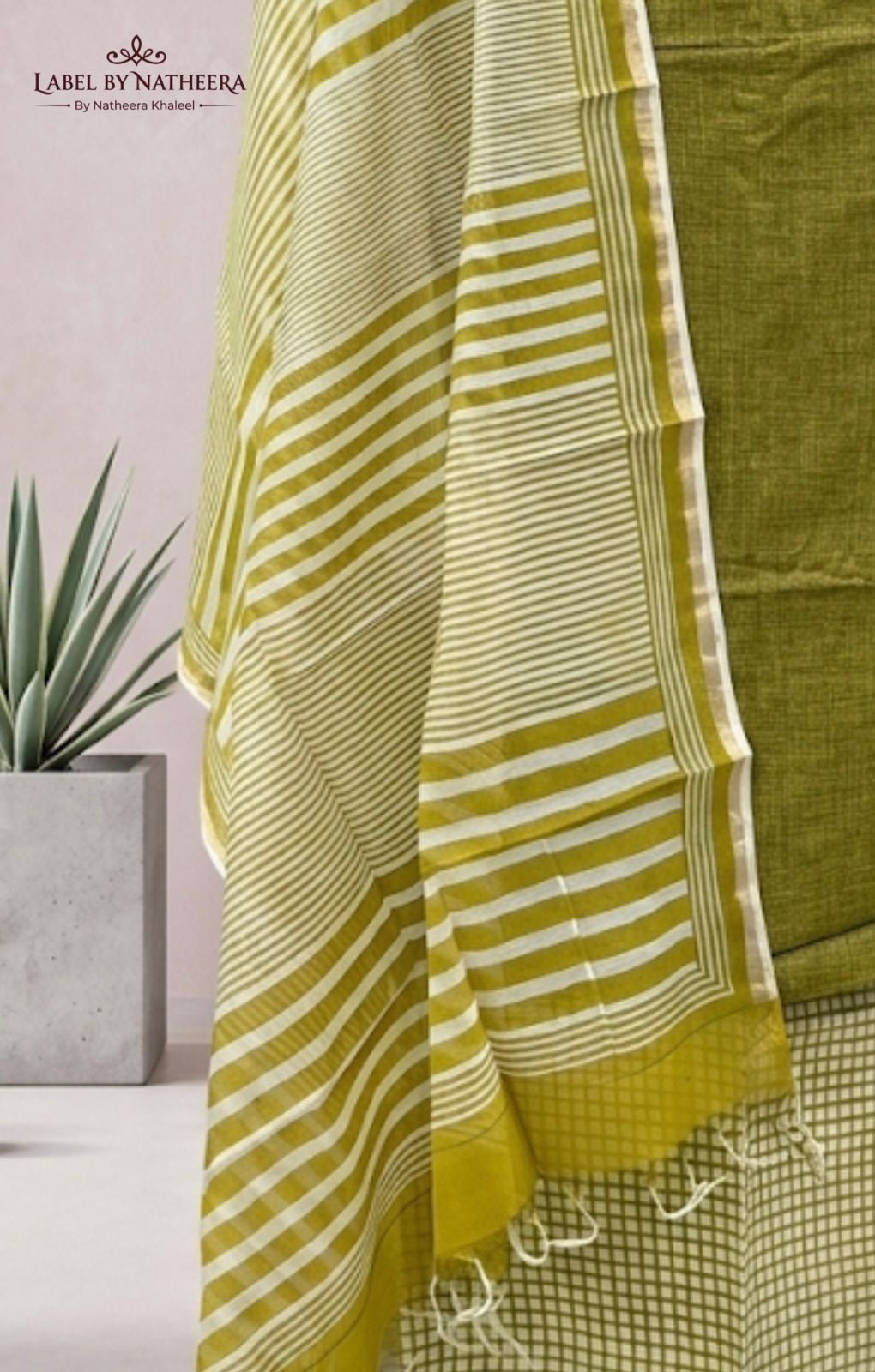 Olive Green Handloom Cotton Kurta Set with Checked Bottom & Striped Dupatta