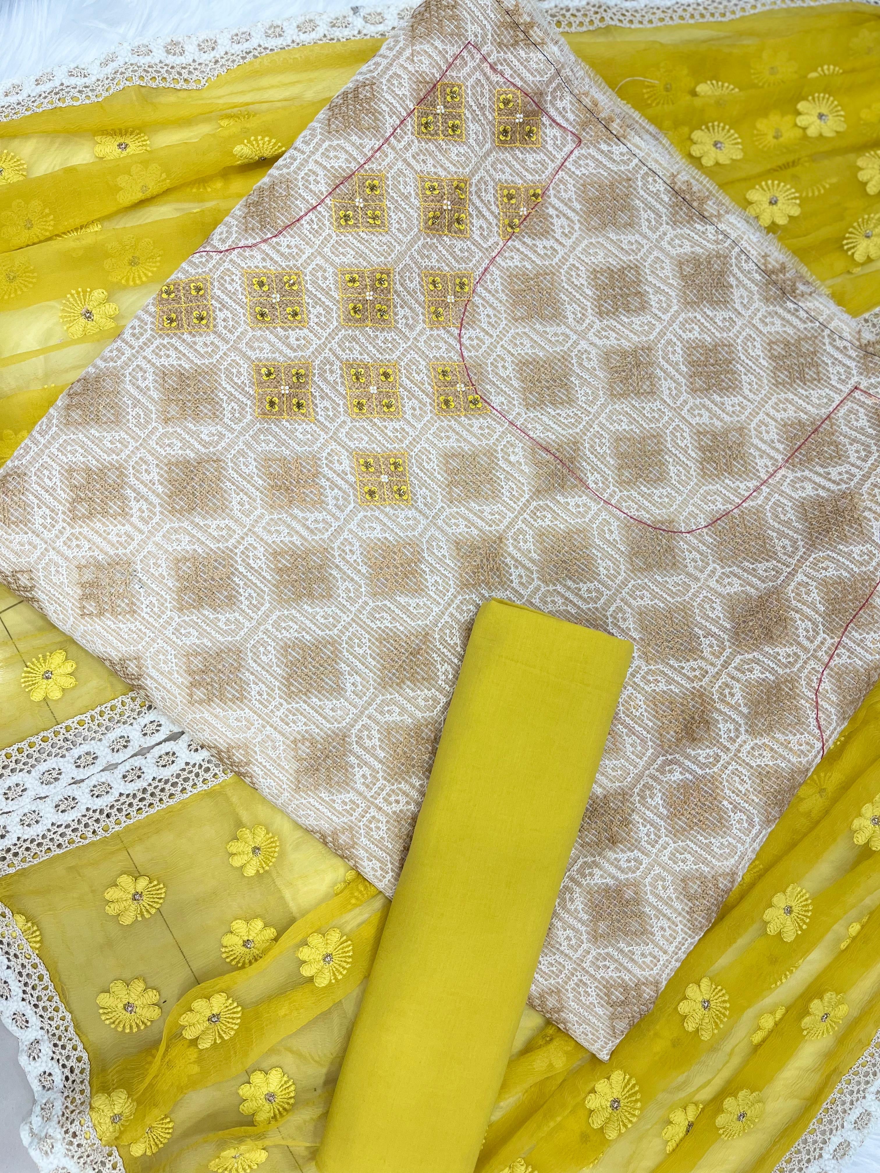 Mustard Yellow & Beige Printed Suit with Floral Embroidered Dupatta