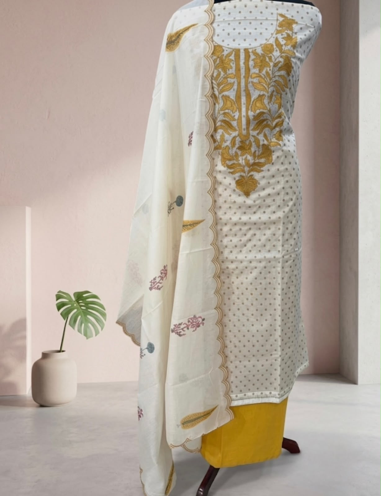 Ivory & Mustard Printed Suit with Golden Floral Yoke and Scalloped Dupatta