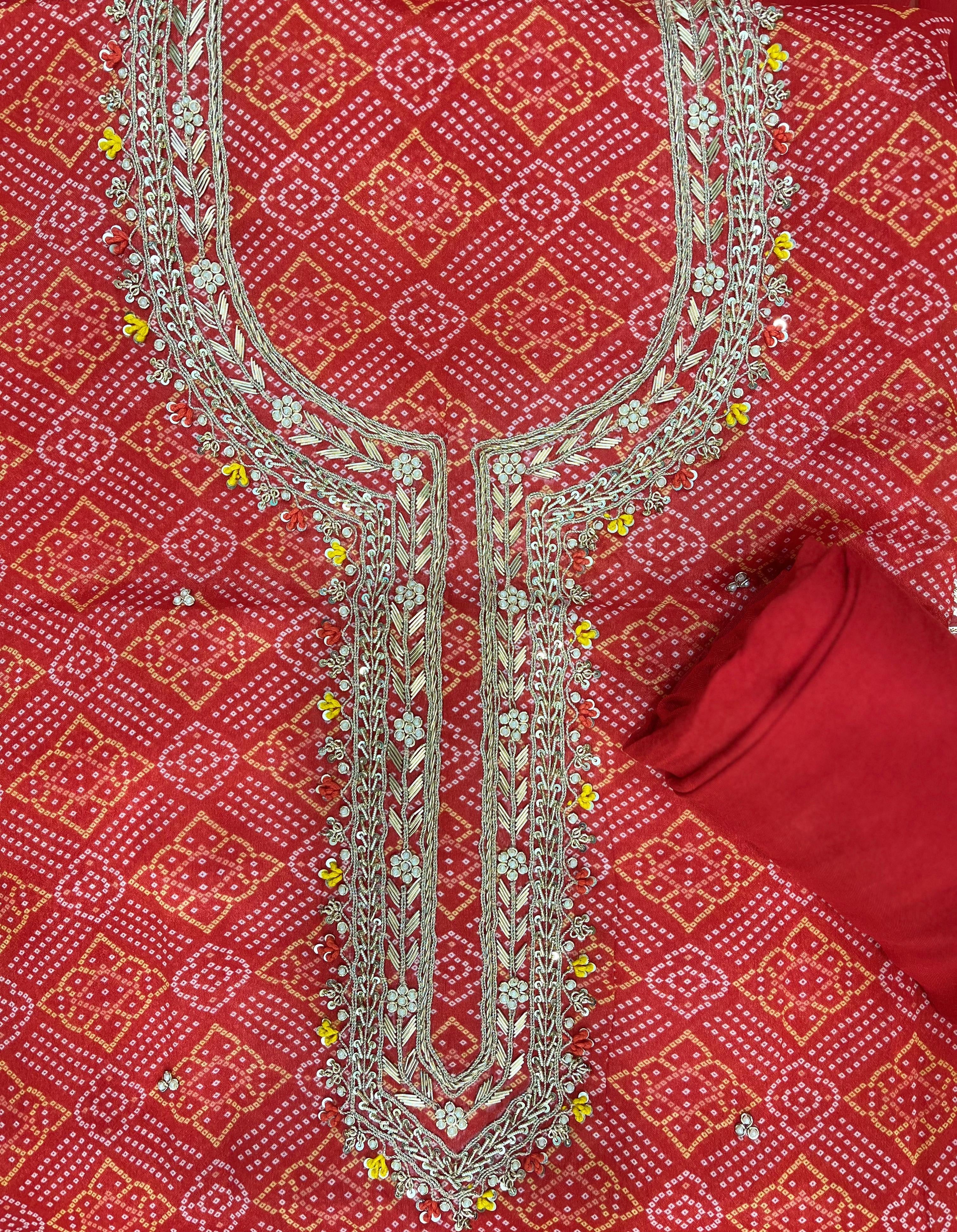 Red Bandhani Printed Suit with Zari Embroidered Organza Dupatta