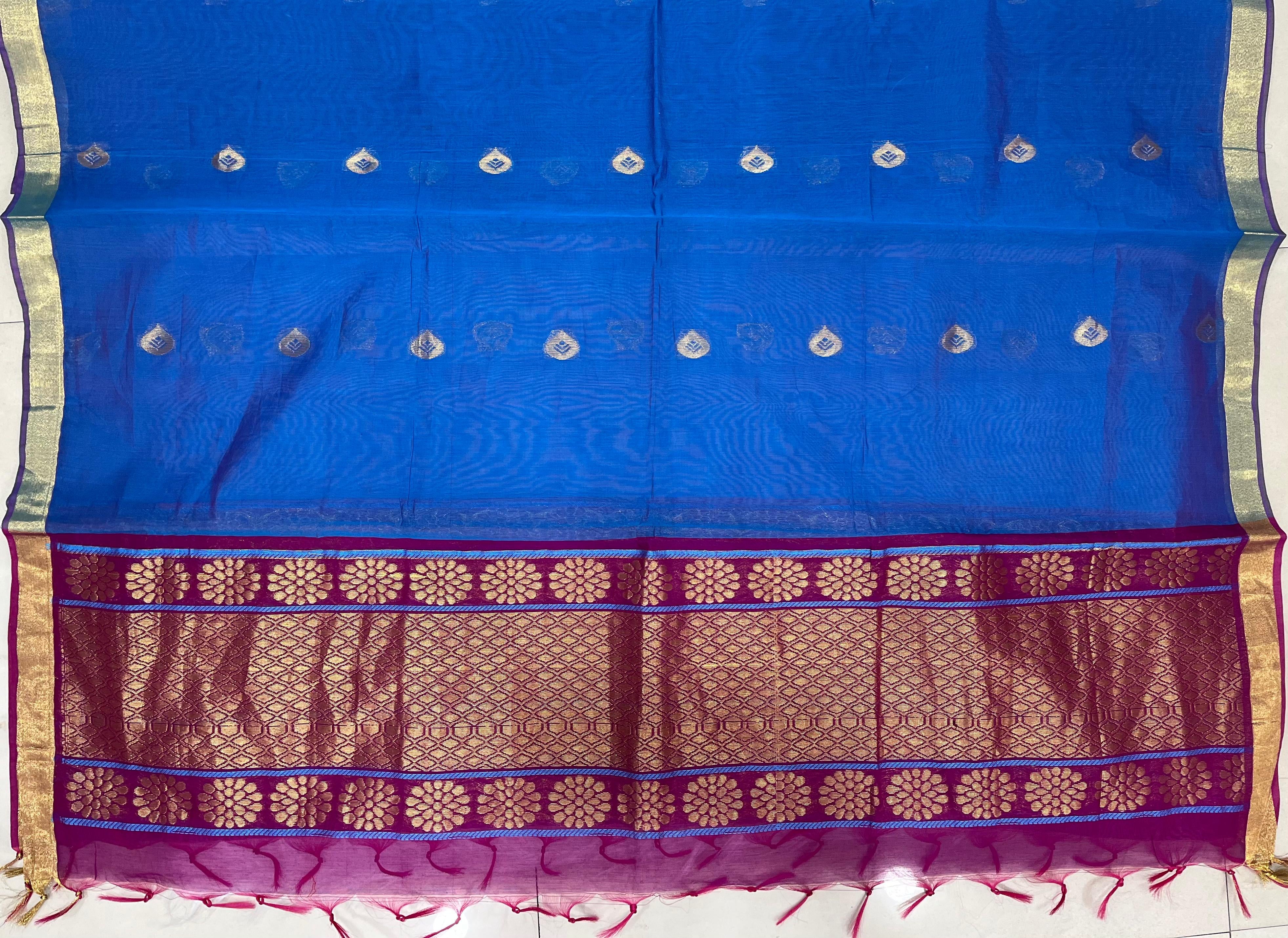 Royal Blue & Magenta Silk Cotton Dress Material with Zari Woven Border