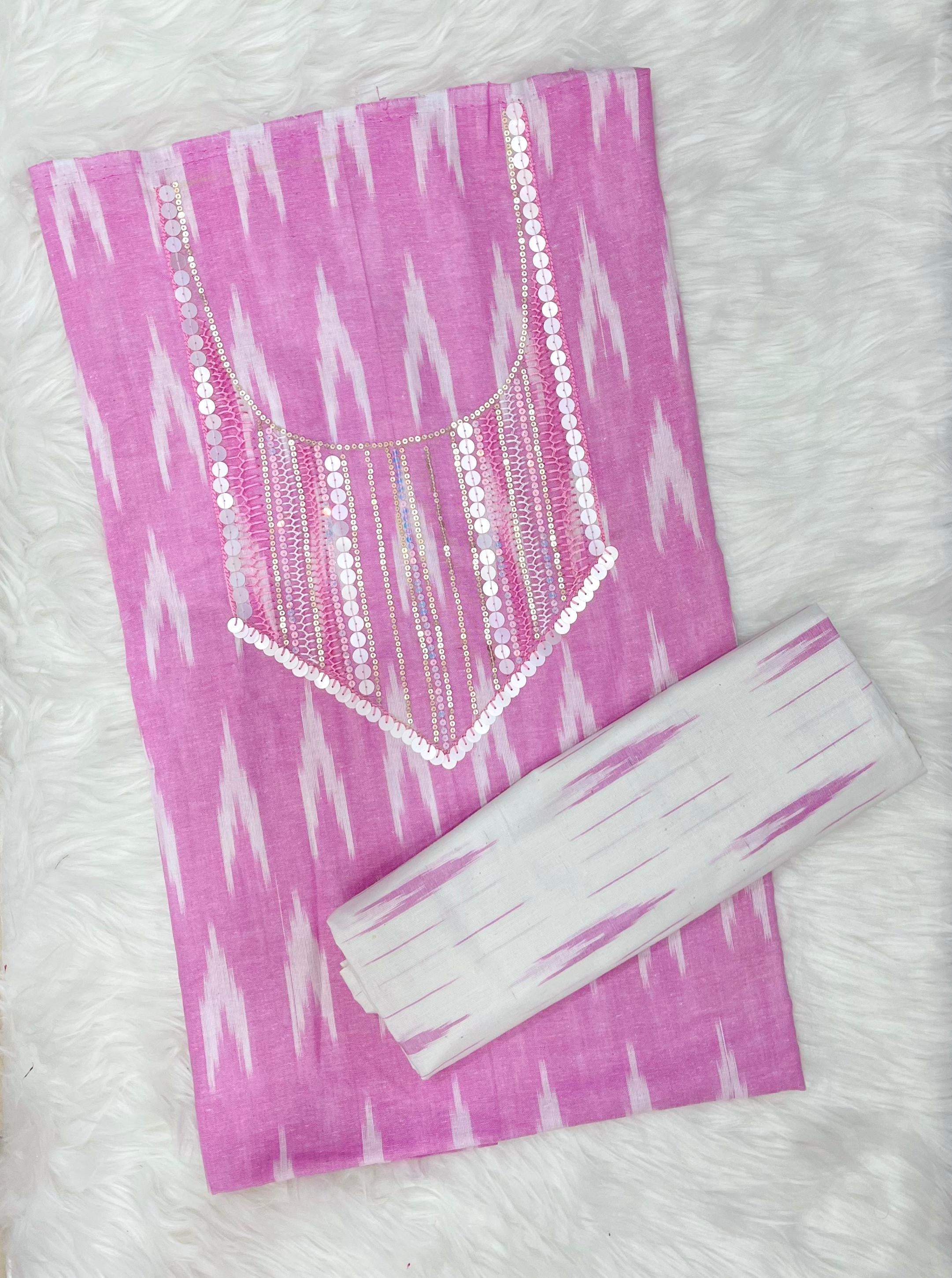 Pink & White Ikat Printed Dress Material with Sequin Embroidered Yoke
