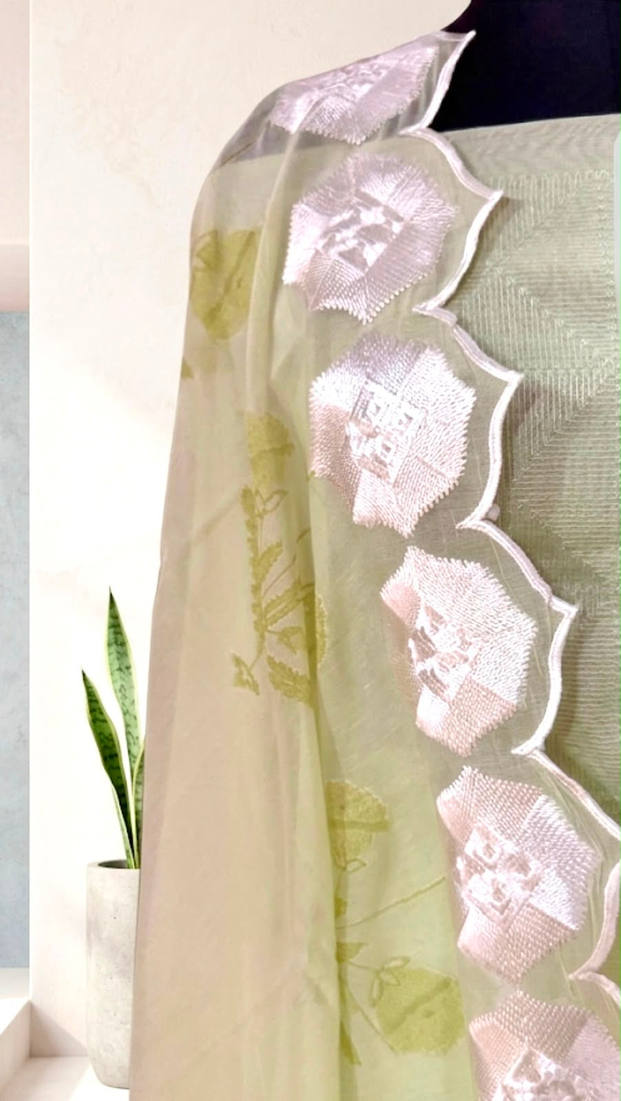 Pista Green Silk Cotton Suit with White Floral Lace Border Dupatta