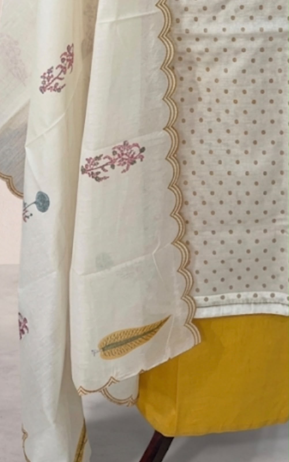 Ivory & Mustard Printed Suit with Golden Floral Yoke and Scalloped Dupatta