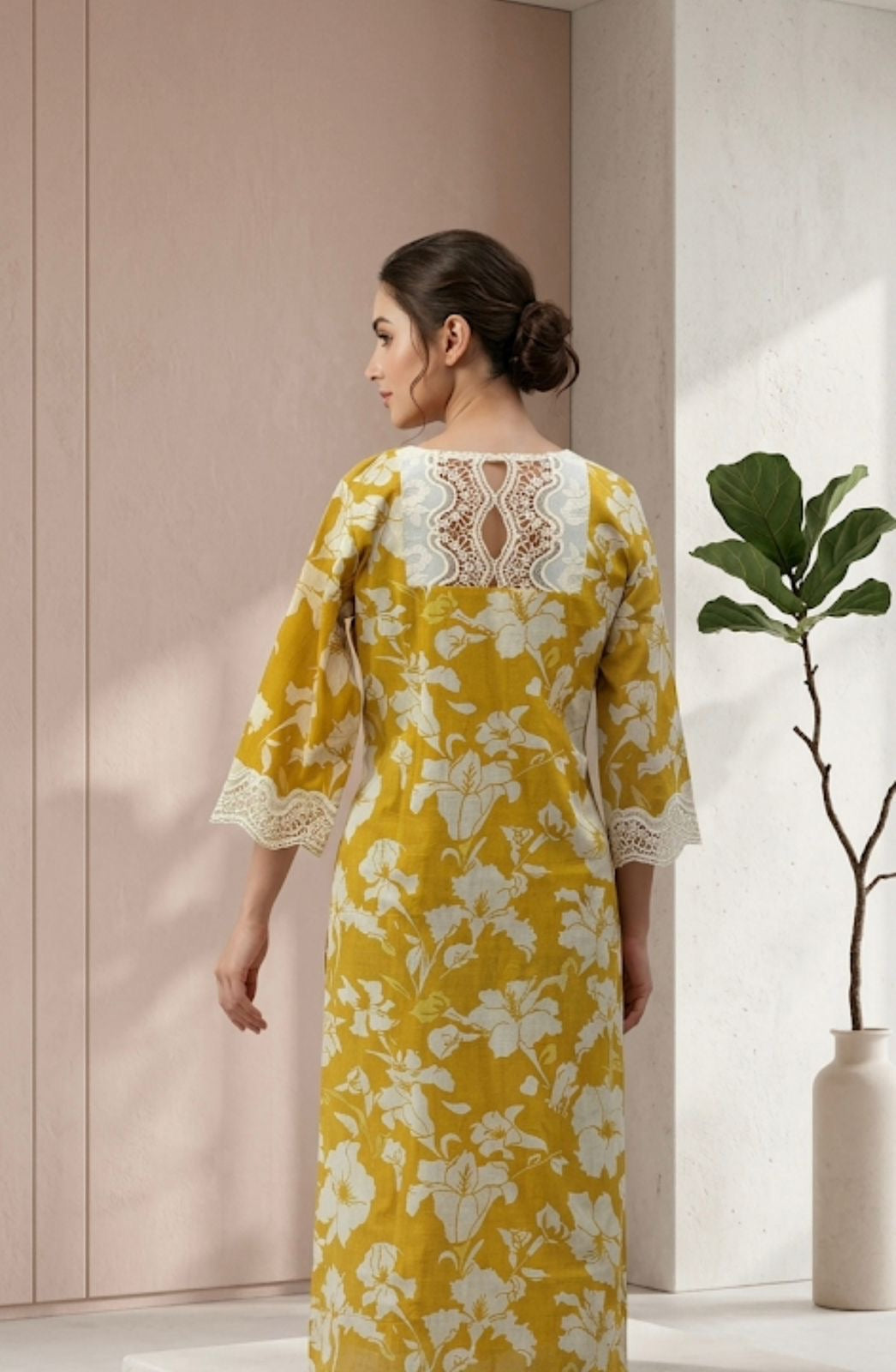 Mustard Floral Lace Detail Kurta