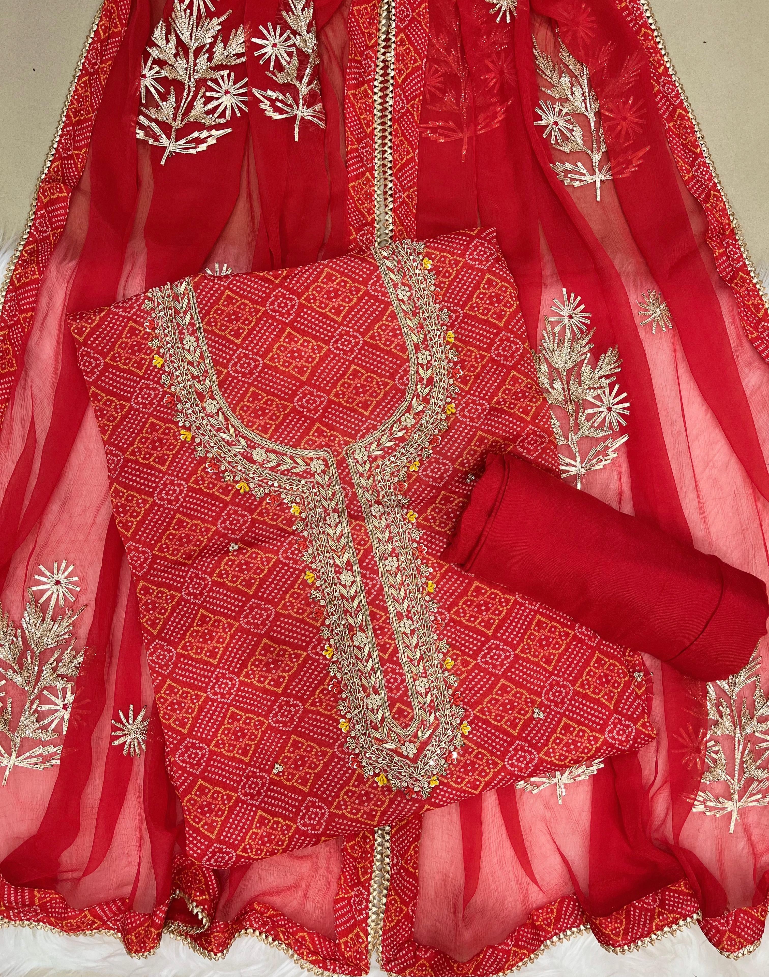 Red Bandhani Printed Suit with Zari Embroidered Organza Dupatta