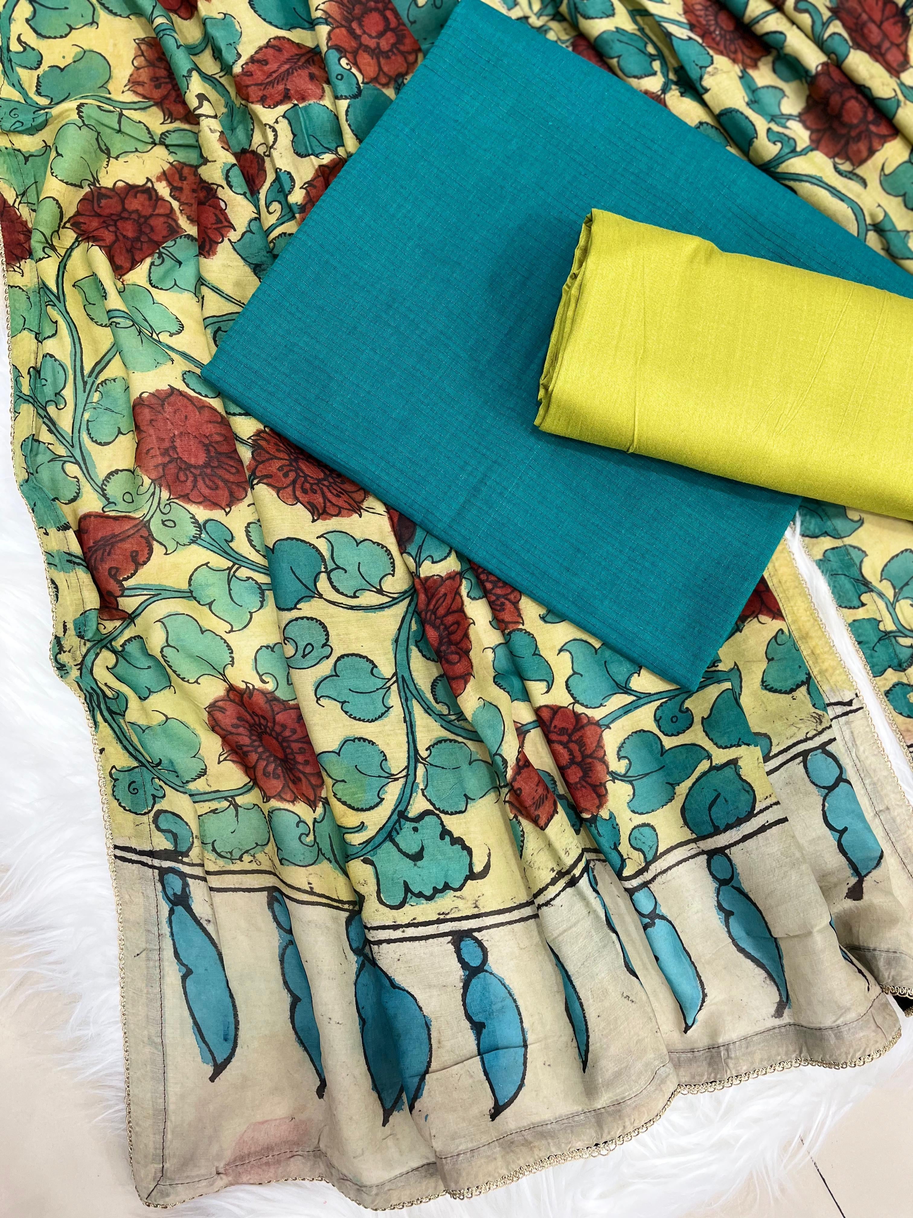Teal Blue & Mustard Yellow Kalamkari Printed Dress Material with Floral Dupatta