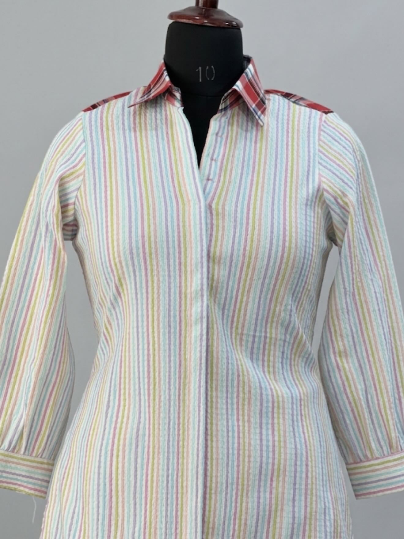 Pastel Stripe Cotton Co-Ord Set with Contrast Check Collar