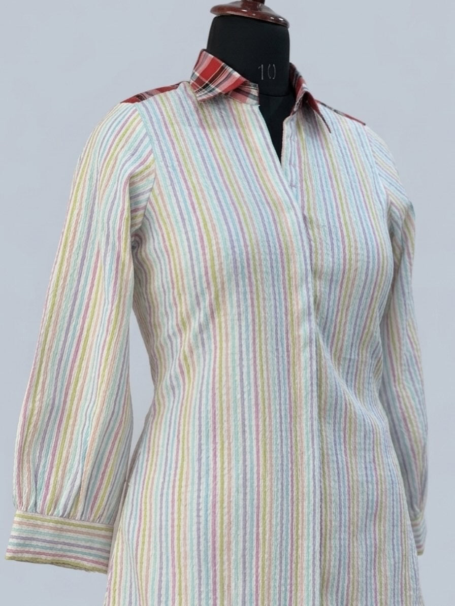 Pastel Stripe Cotton Co-Ord Set with Contrast Check Collar