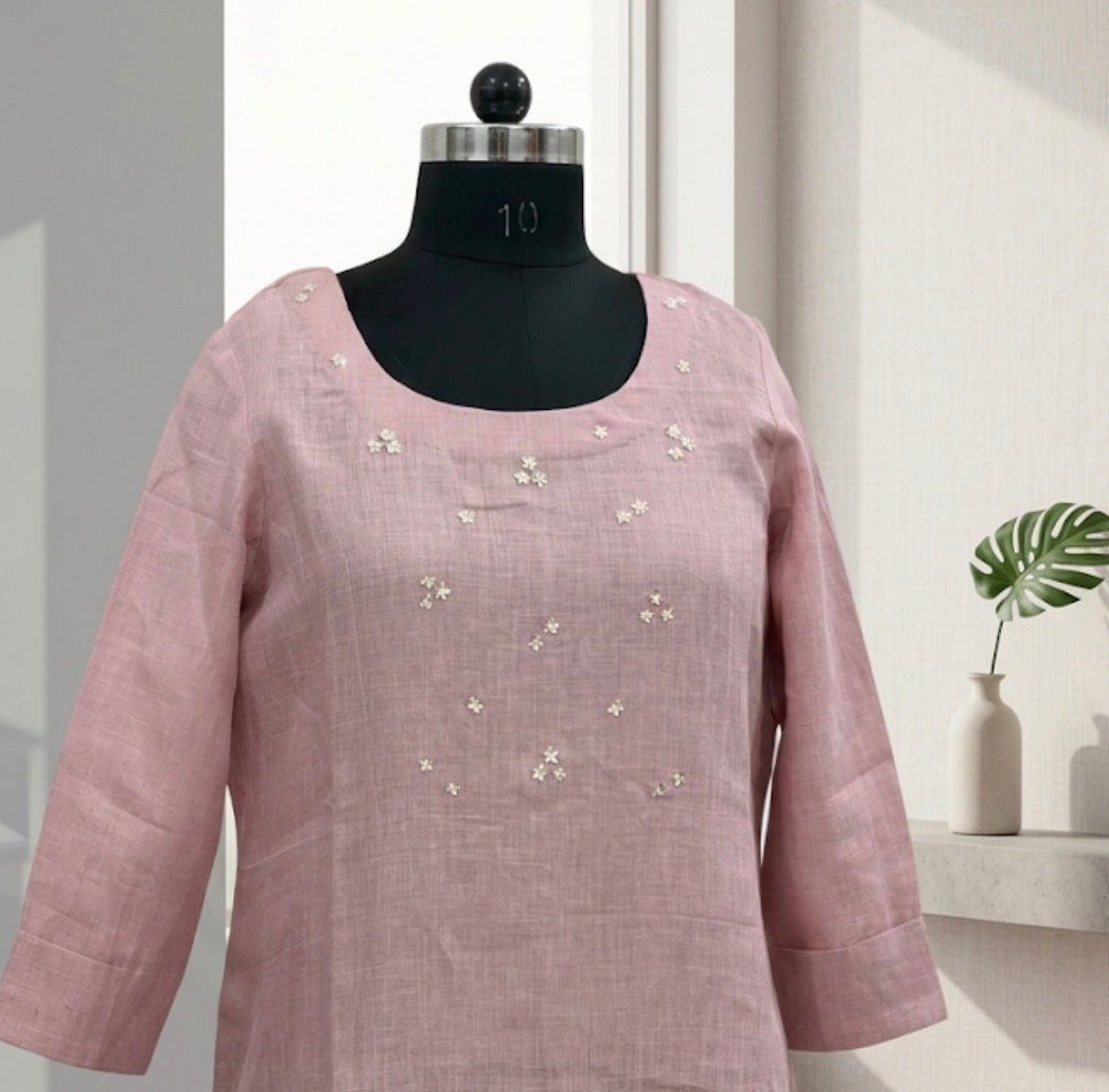 Blush Pink Linen Embroidered Kurta