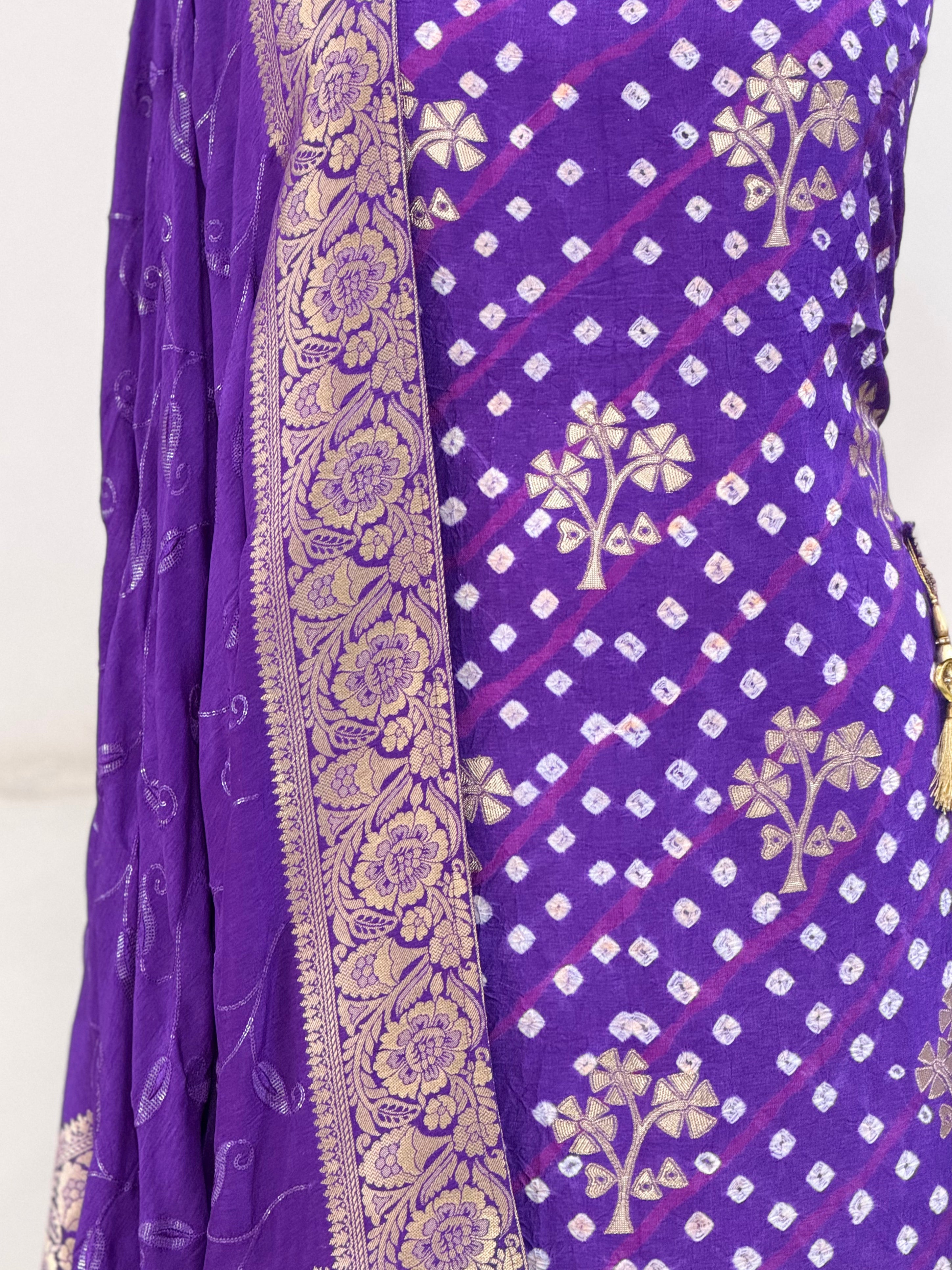 Royal Purple Bandhani-Inspired Banarasi Dress Material Set with Dupatta
