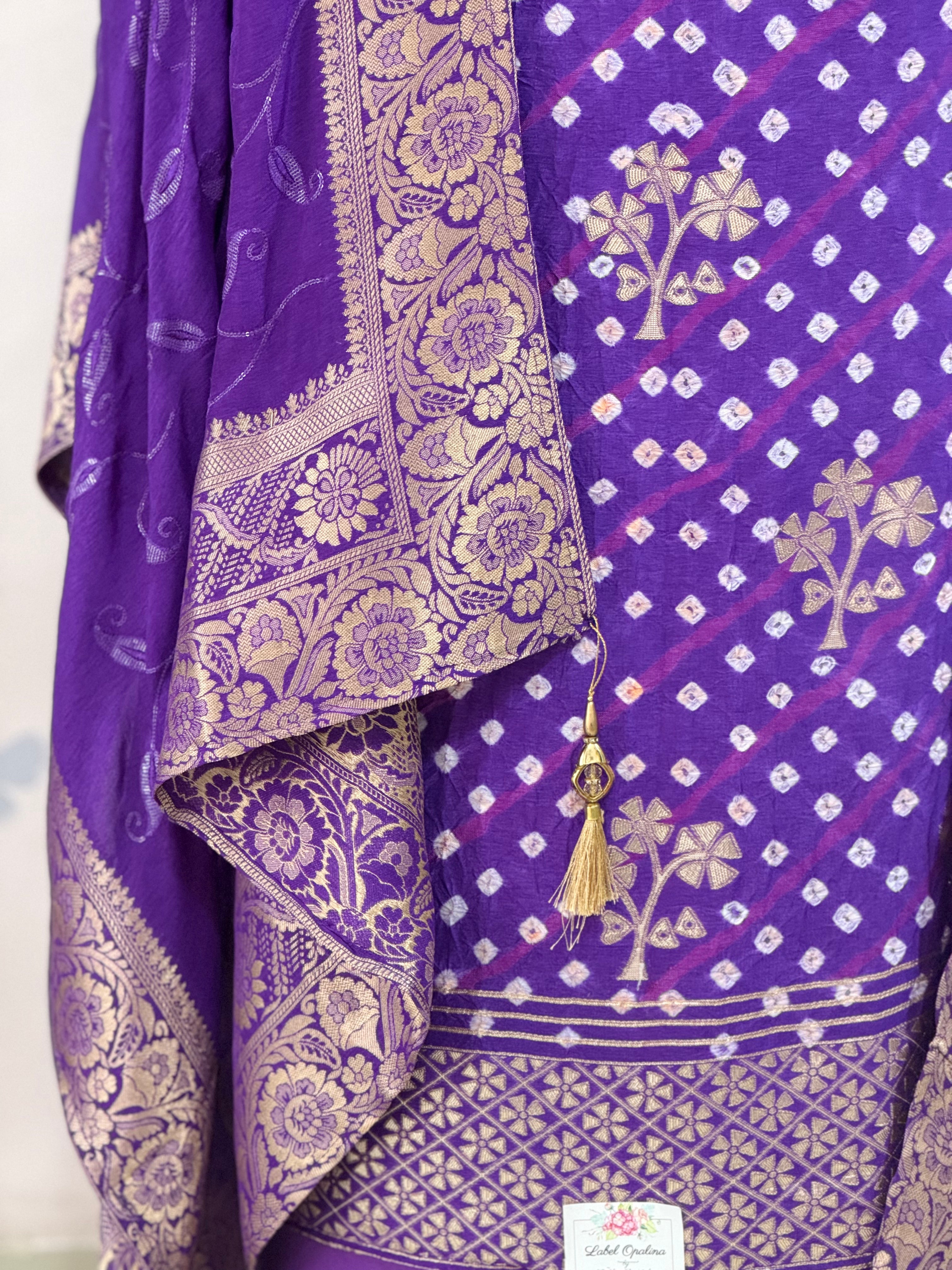 Royal Purple Bandhani-Inspired Banarasi Dress Material Set with Dupatta