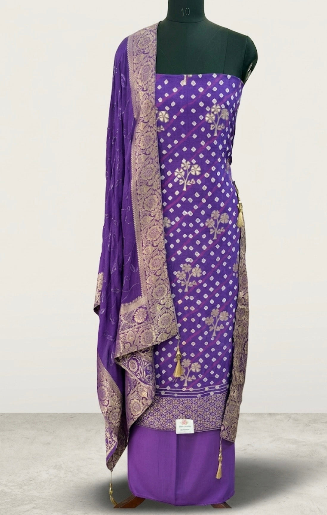 Royal Purple Bandhani-Inspired Banarasi Dress Material Set with Dupatta