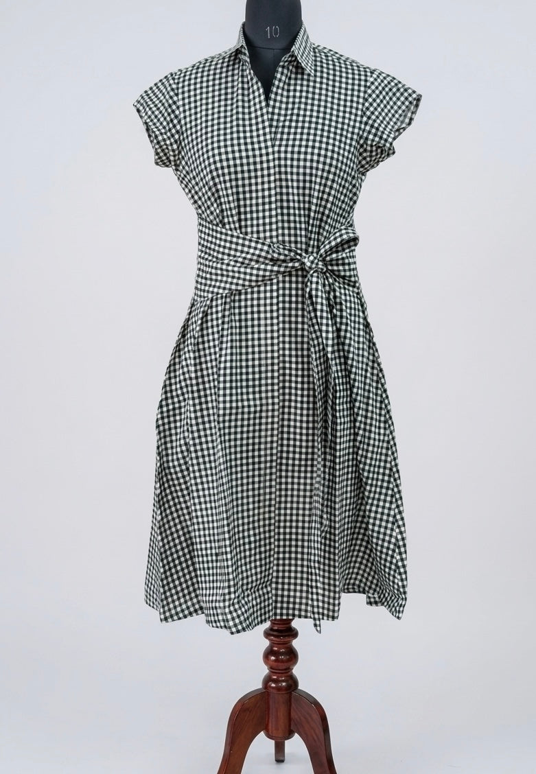 Black & White Gingham Wrap Midi Dress