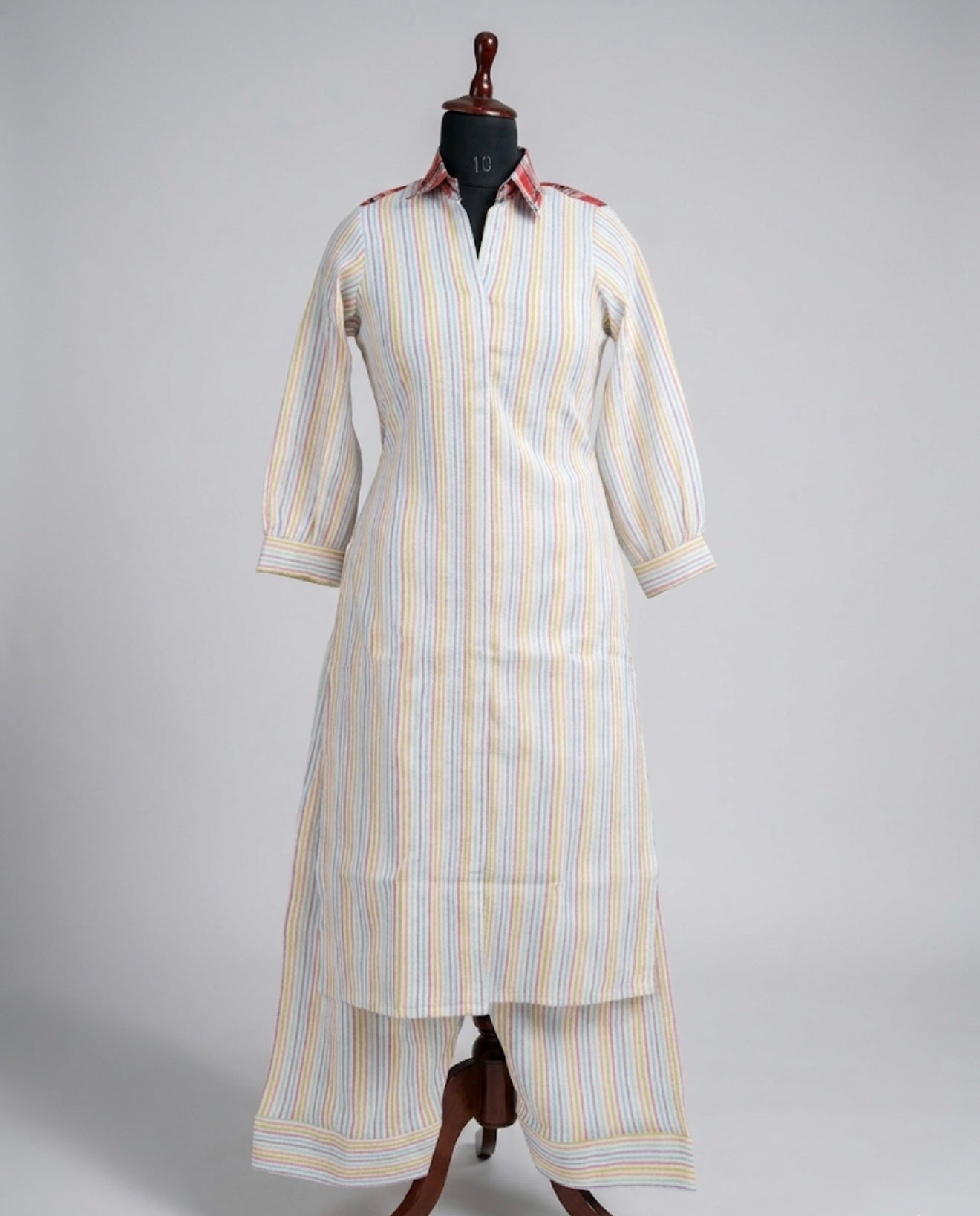 Pastel Stripe Cotton Co-Ord Set with Contrast Check Collar