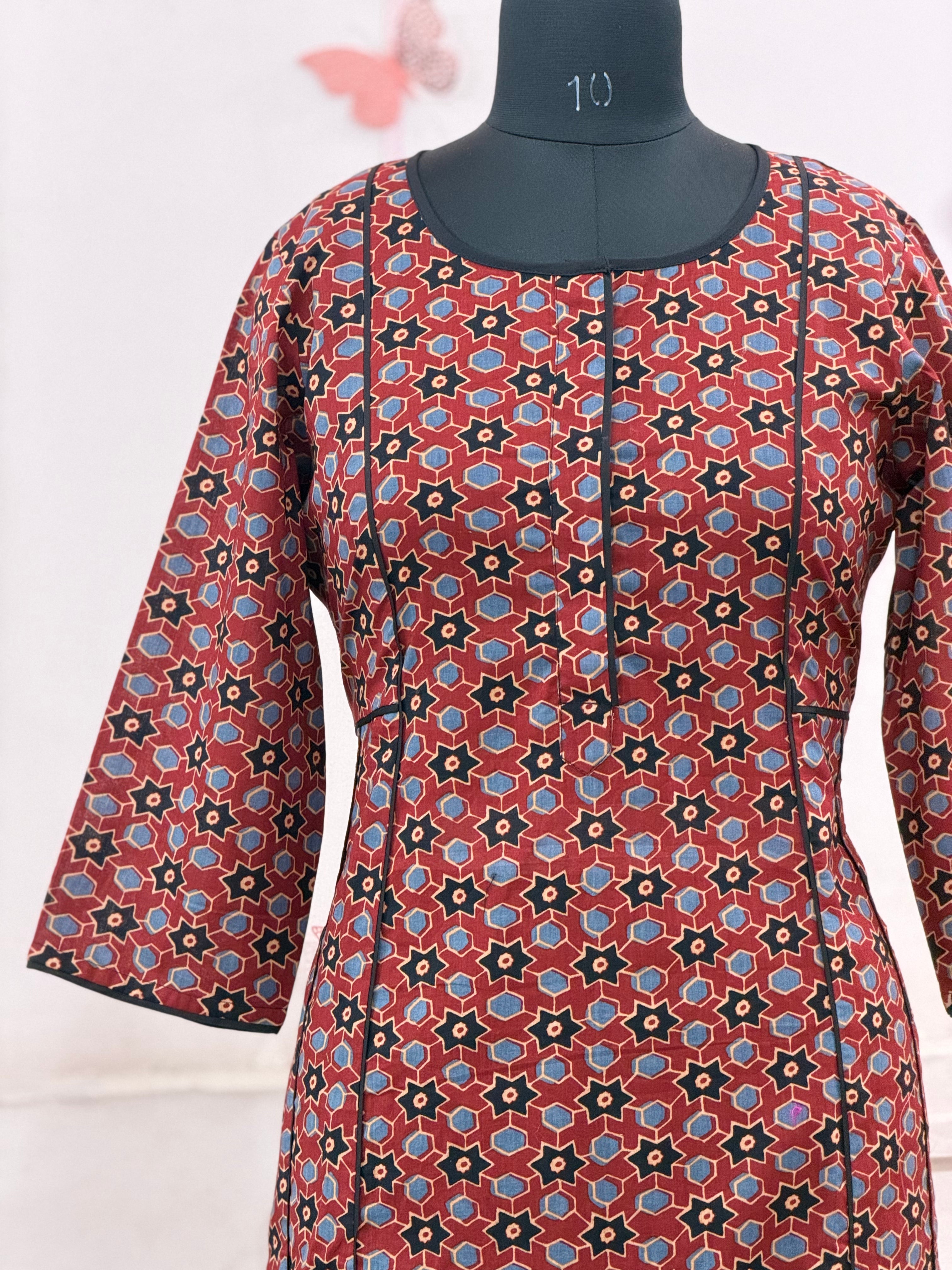 Rust Geometric Print Straight Kurti with Panel Detailing