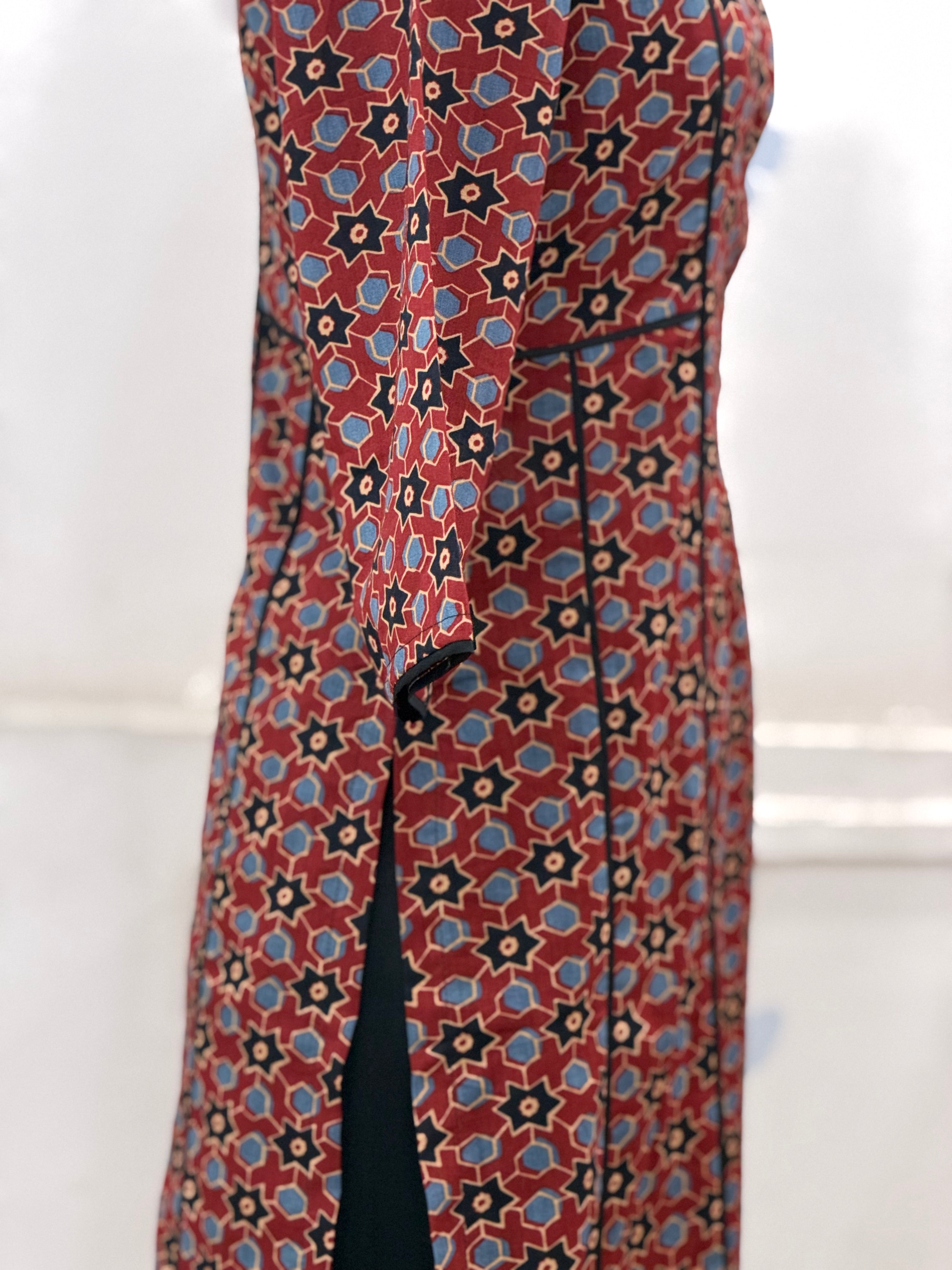 Rust Geometric Print Straight Kurti with Panel Detailing